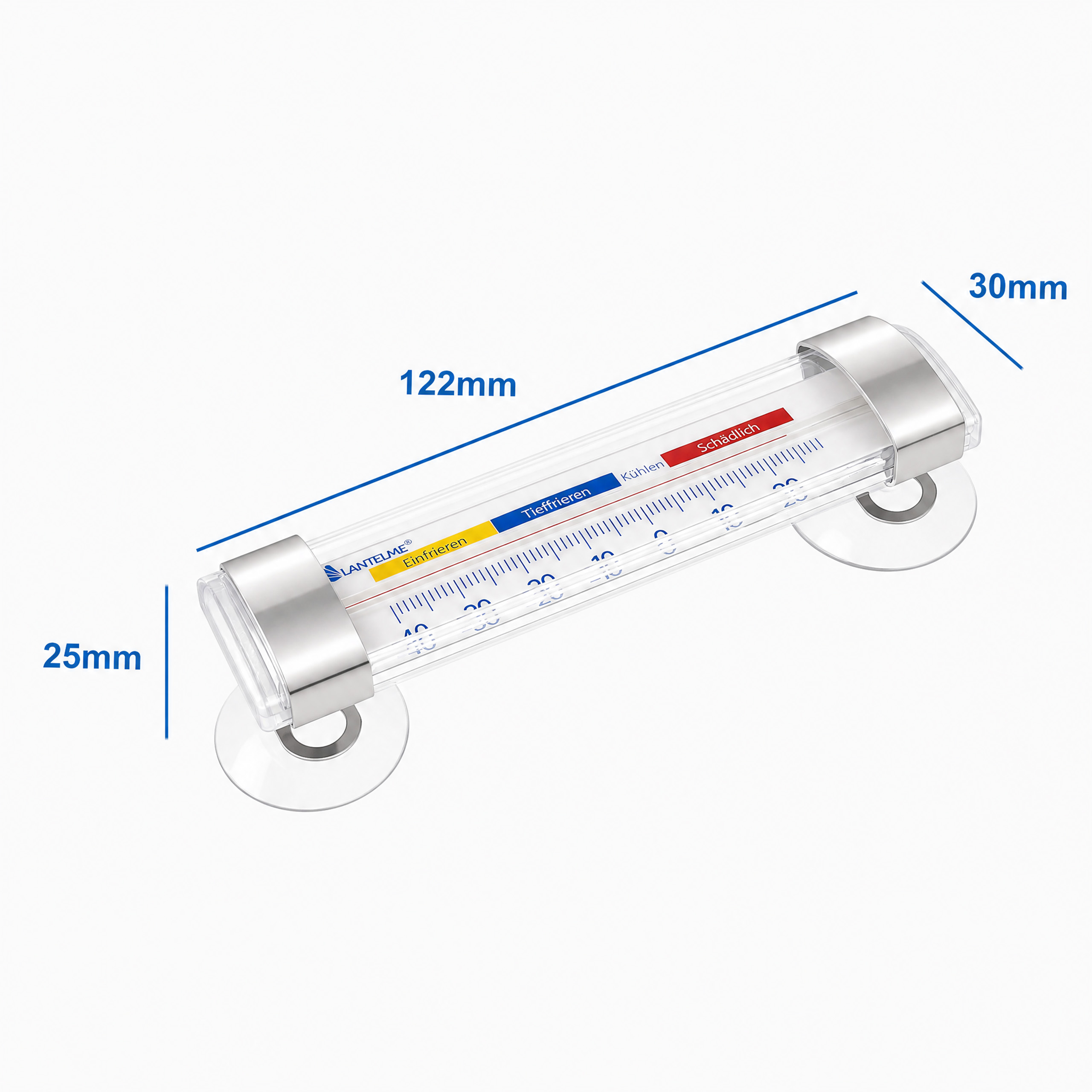 Ein zylindrisches Gefrierthermometer mit Saugknöpfen und Maßangaben in Millimetern auf weißem Hintergrund.