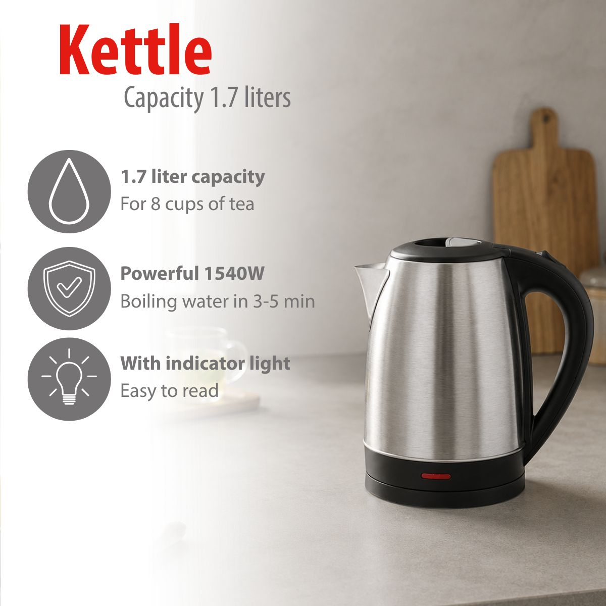 Stainless steel kettle with black handle on a countertop and product features on the left.