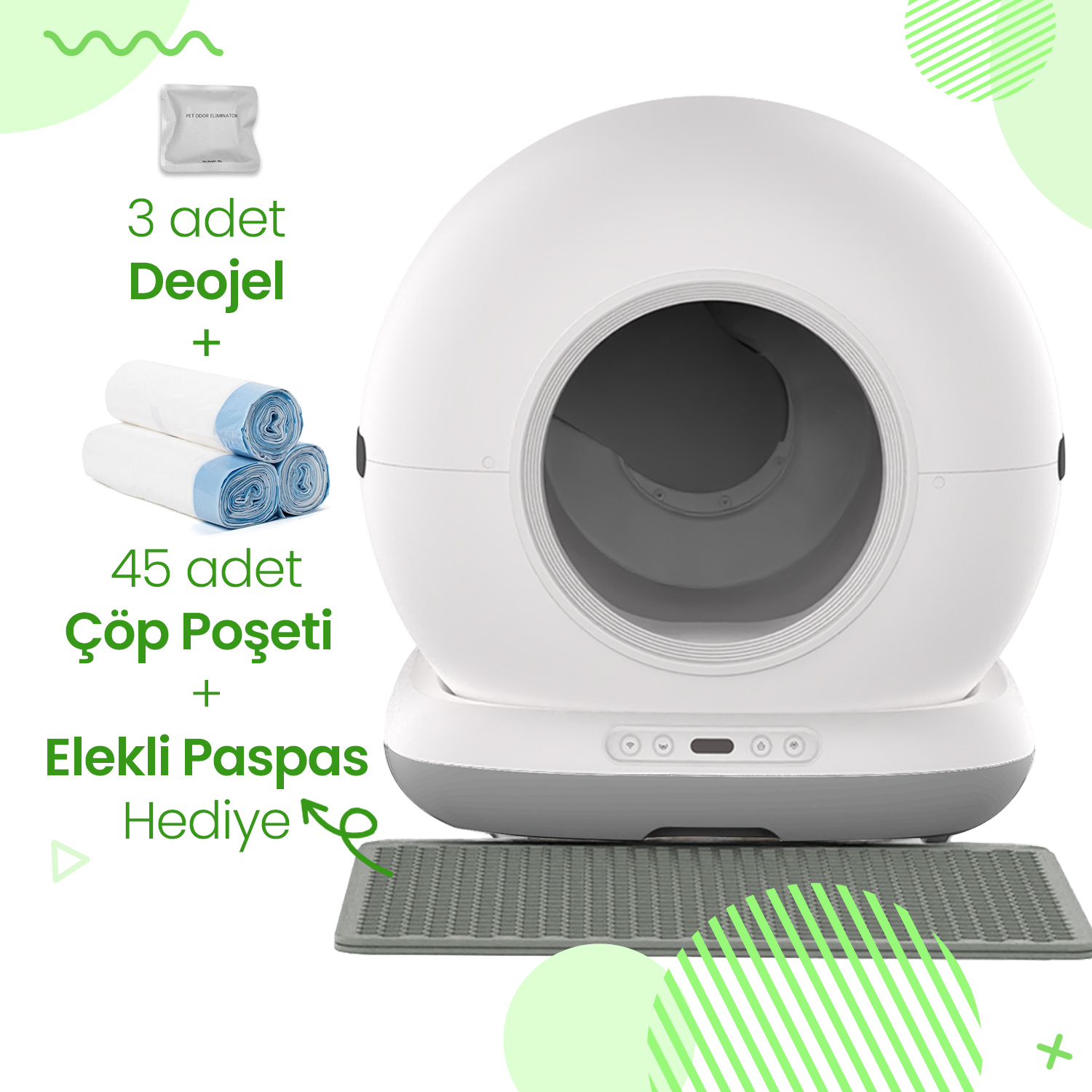 Çöp poşeti, deojel ve paspas hediyeli beyaz otomatik kedi tuvaleti.