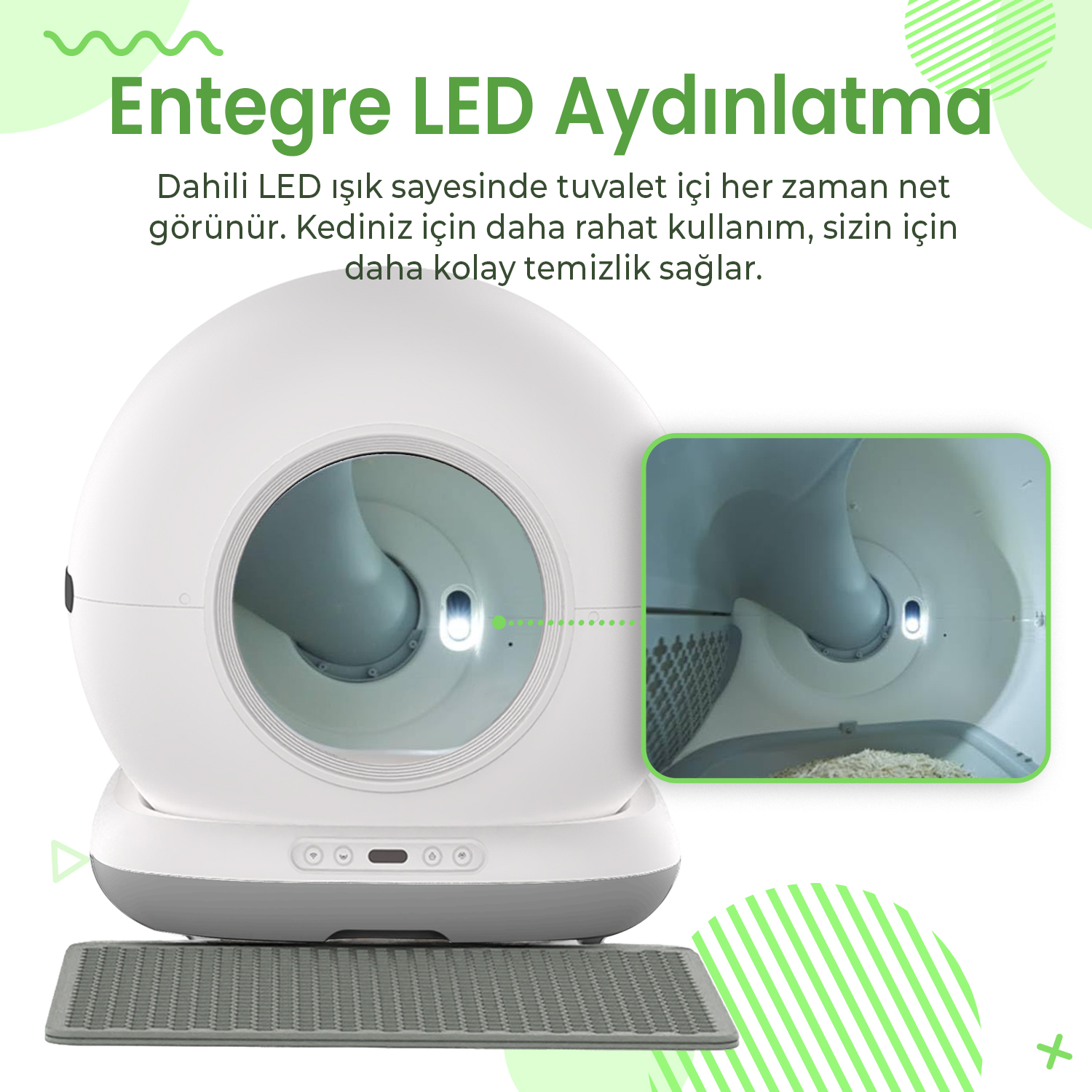 Dahili LED isikli ve gri paspasli beyaz otomatik kedi tuvaleti.