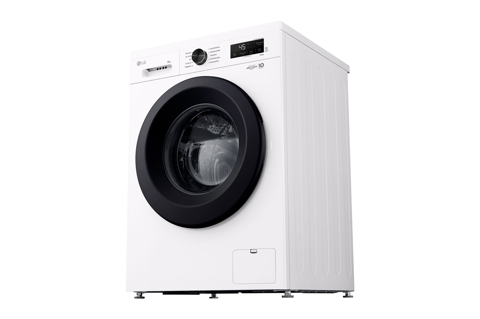 Eine weiße Frontlader-Waschmaschine von LG mit schwarzer Bullaugentür und digitalem Display steht vor weißem Hintergrund.