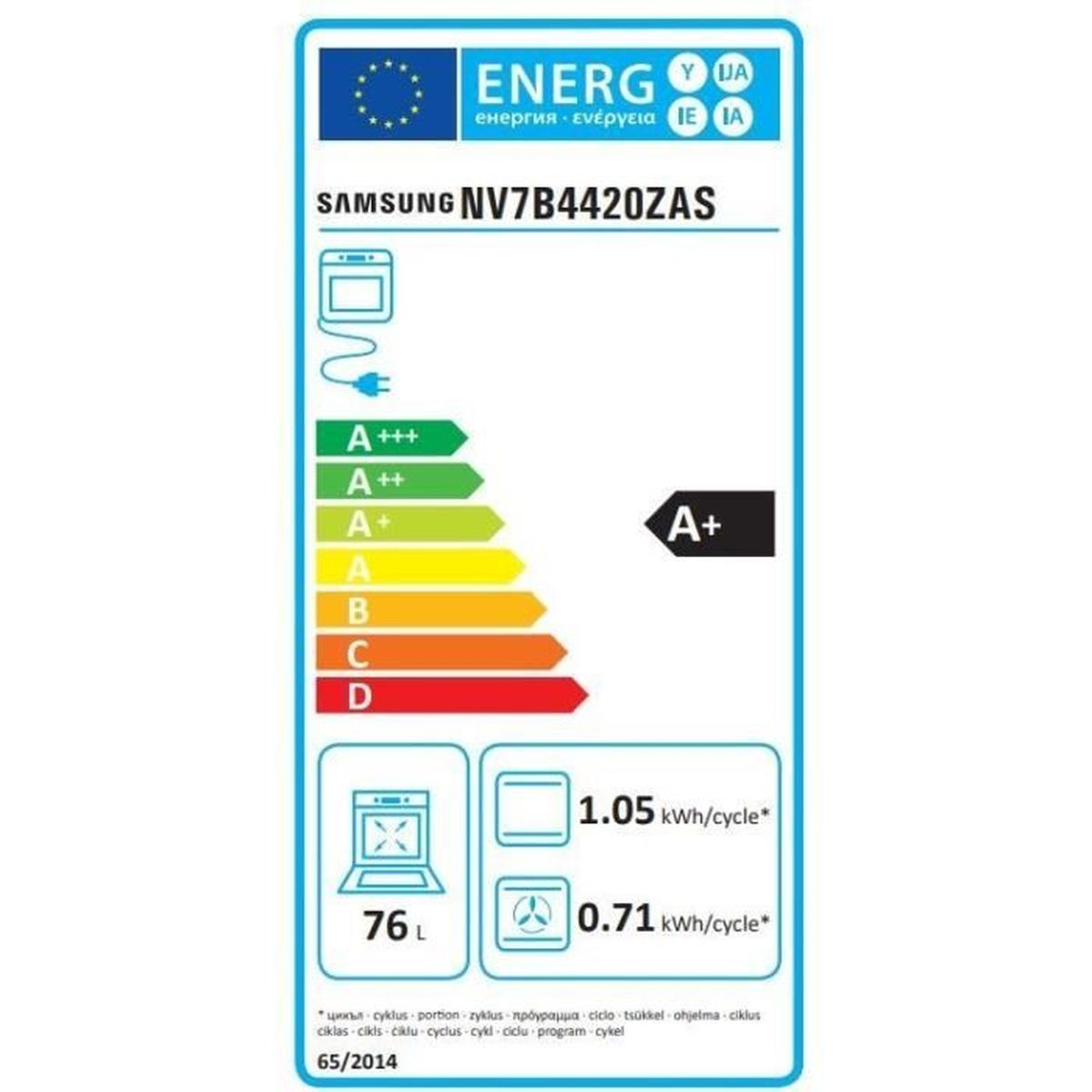 Samsung NV7B4420ZAS Energieetikett mit A+ Einstufung, 76L Fassungsvermögen und Verbrauchsdaten.