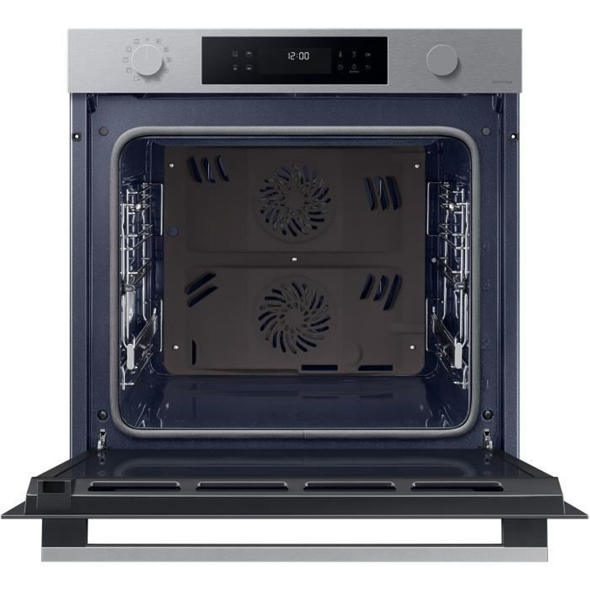 Ein offener Edelstahl-Backofen mit offenem Innenraum, zwei Ventilatoren und einem Digitaldisplay oben.