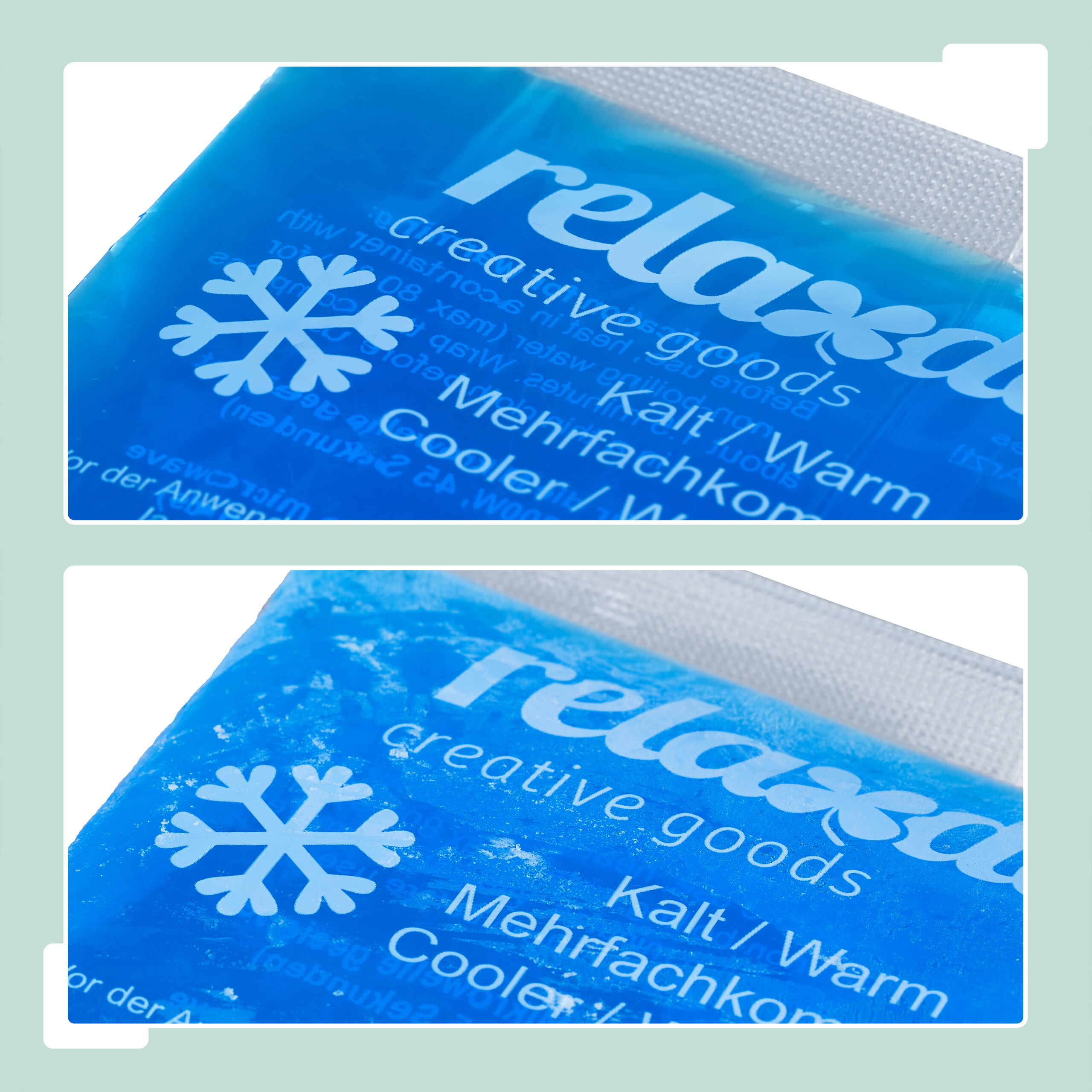 Ein blauer Gel-Kühlakku mit weißem Schneeflocken-Symbol und Text vor hellgrünem Hintergrund.