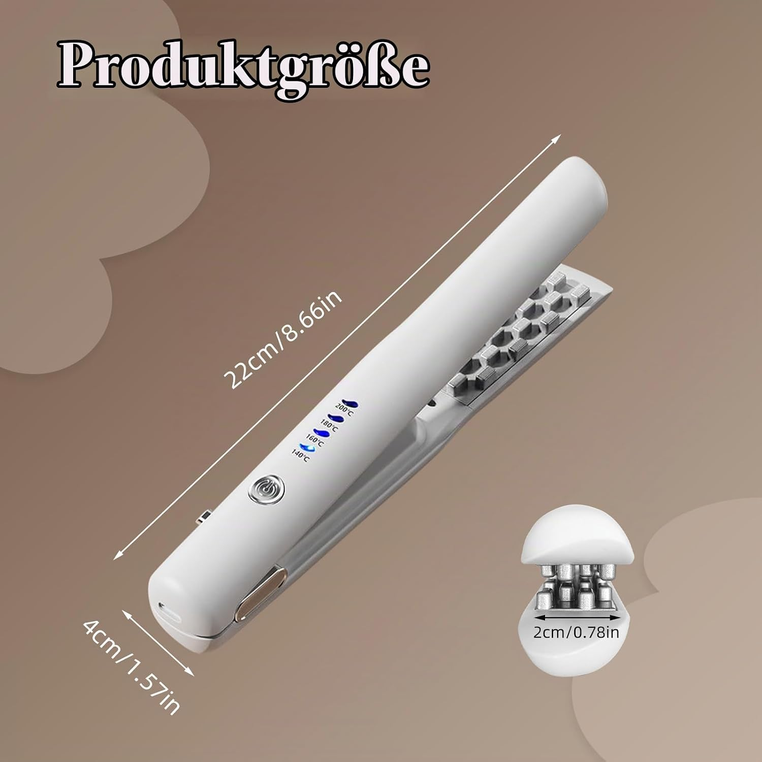 Diagramm zeigt die Produktgröße eines weißen Haarglätters mit 22cm Länge und strukturierten Platten.