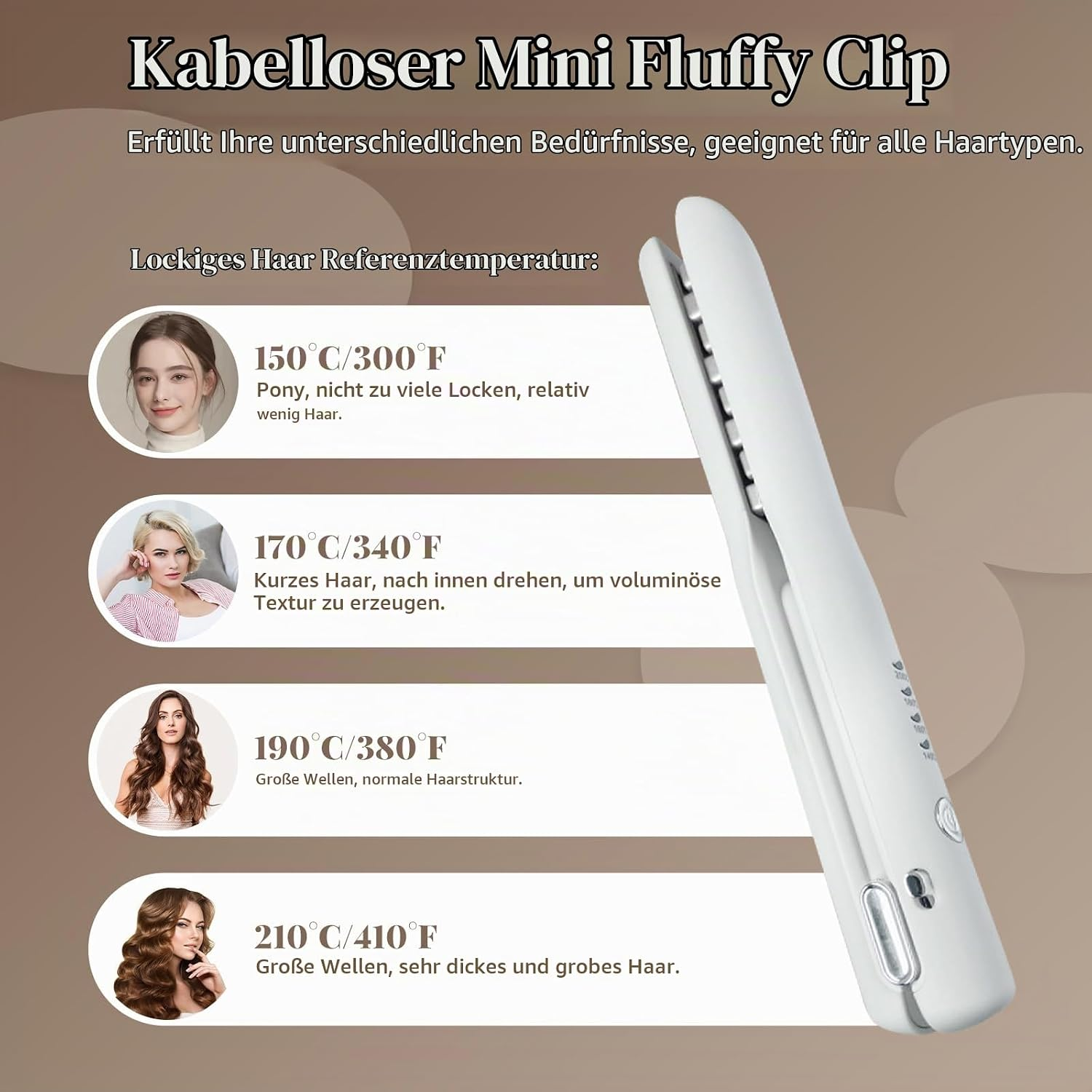 Ein weißer, kabelloser Mini-Haarglätter mit vier Temperaturstufen und Bildern von Frauen mit verschiedenen Frisuren.