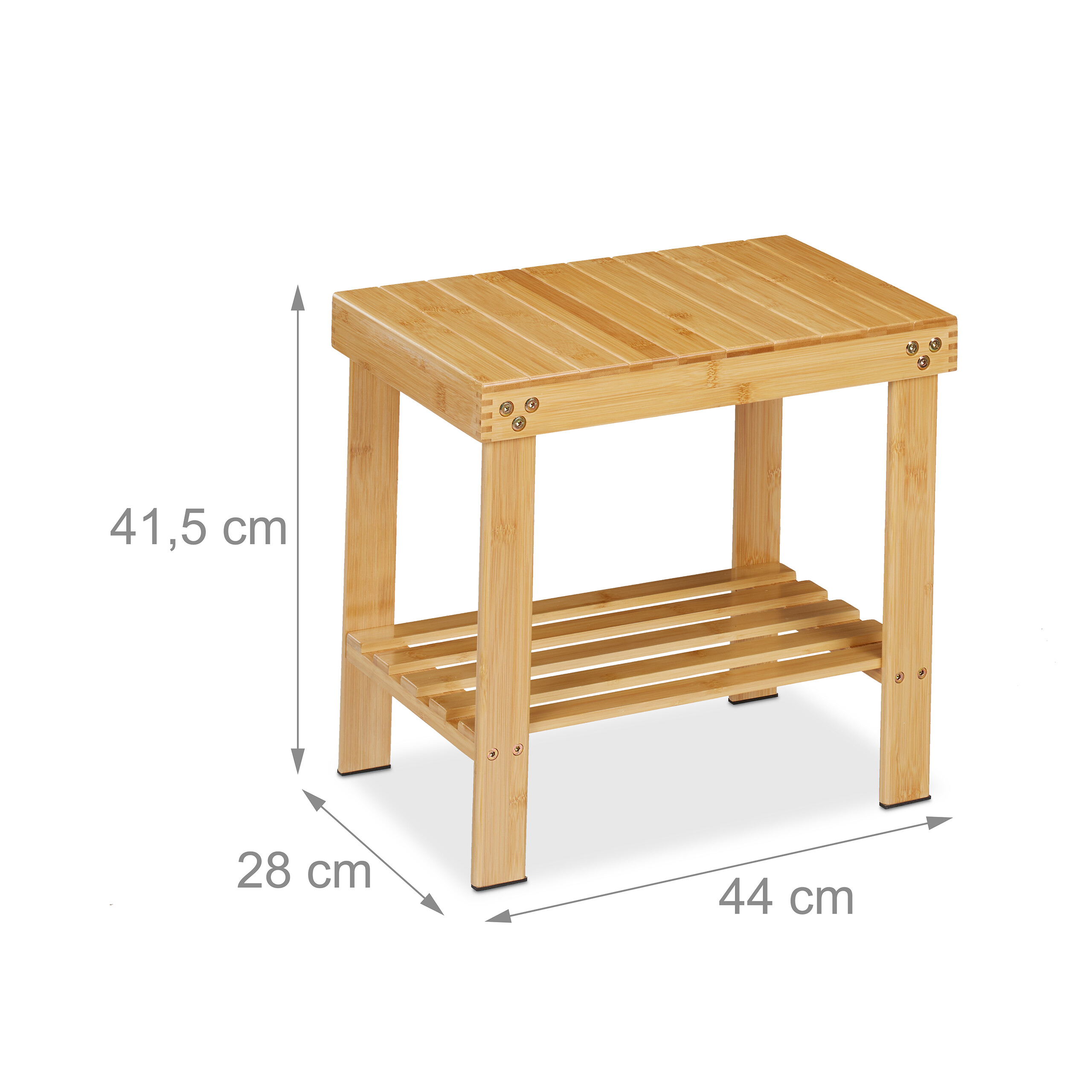 Bambusbank mit unterem Regal, 41,5x44x28 cm groß, auf weißem Hintergrund.
