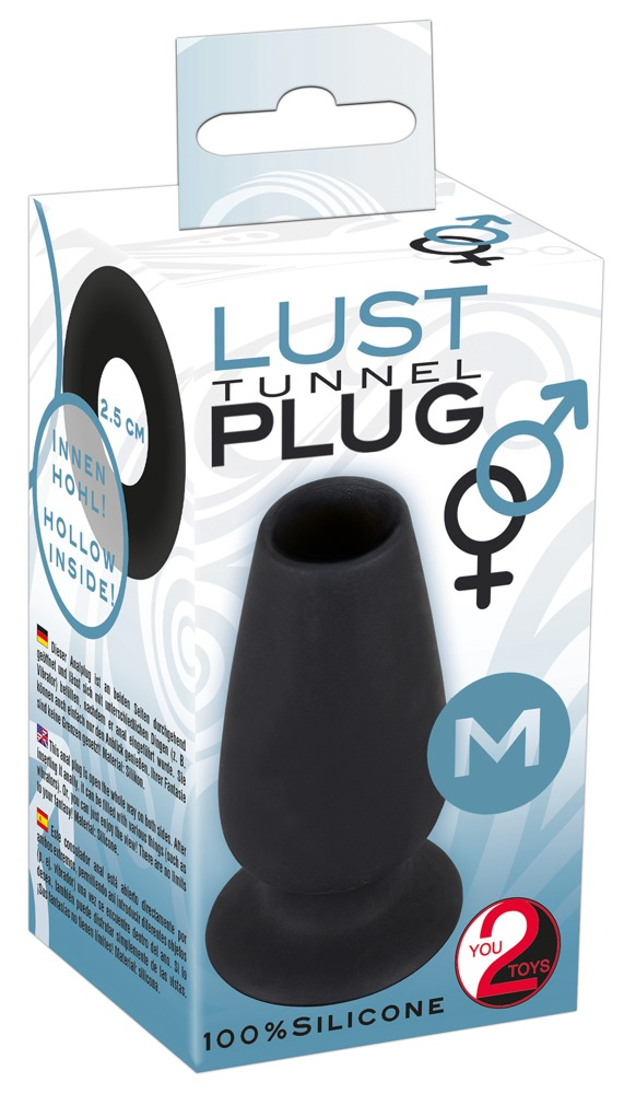 Ein schwarzer, hohler Silikon-Tunnel-Plug in Größe M, abgebildet mit der Produktverpackung mit Text und Symbolen.