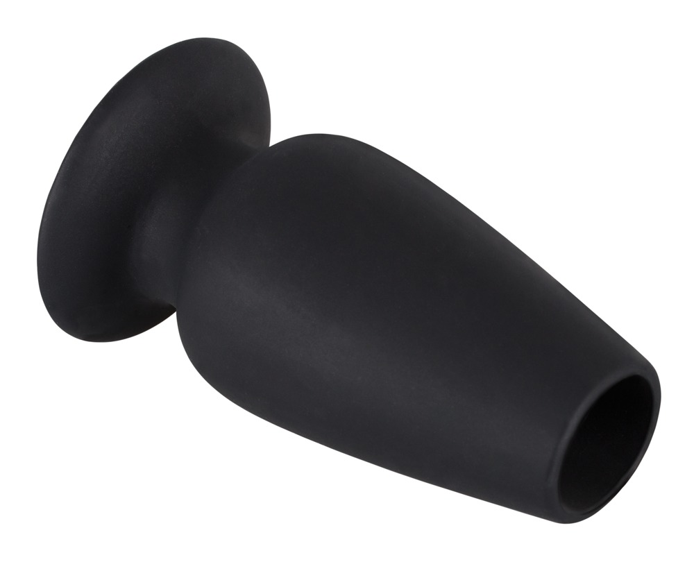 Ein glatter, schwarzer Silikon-Analplug mit ausgestelltem Fuß auf weißem Grund.