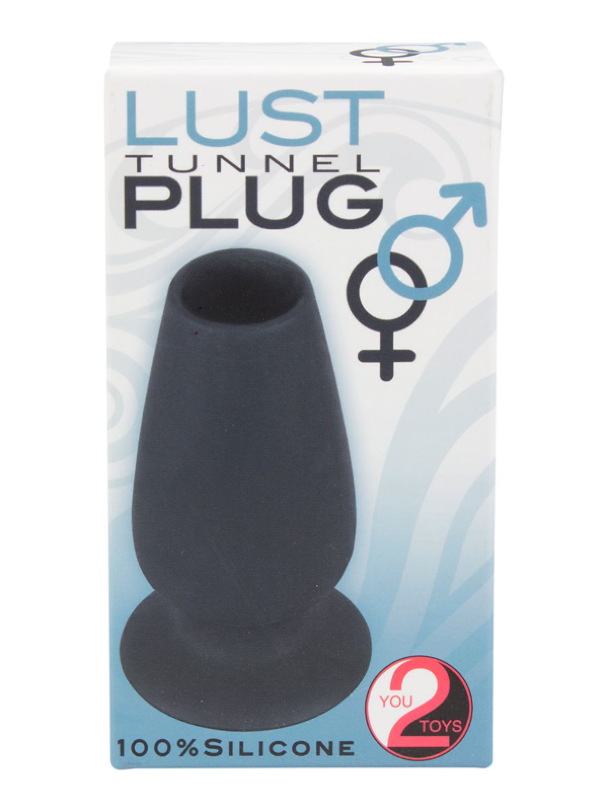 Eine Schachtel für einen schwarzen Silikon-Tunnelplug mit Geschlechtersymbolen auf weiß-blauer Verpackung.