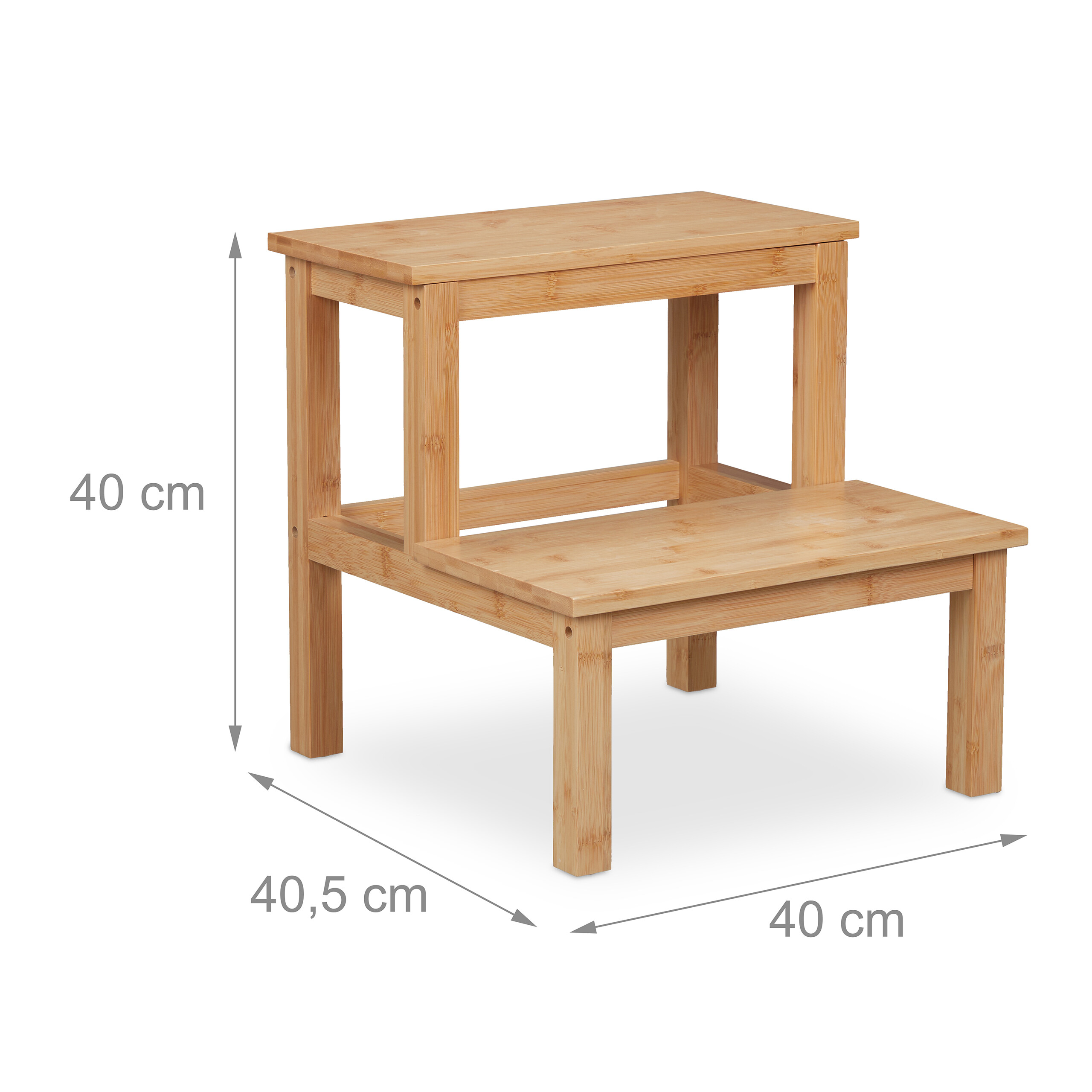 Ein zweistufiger Hocker aus Holz mit Maßangaben.