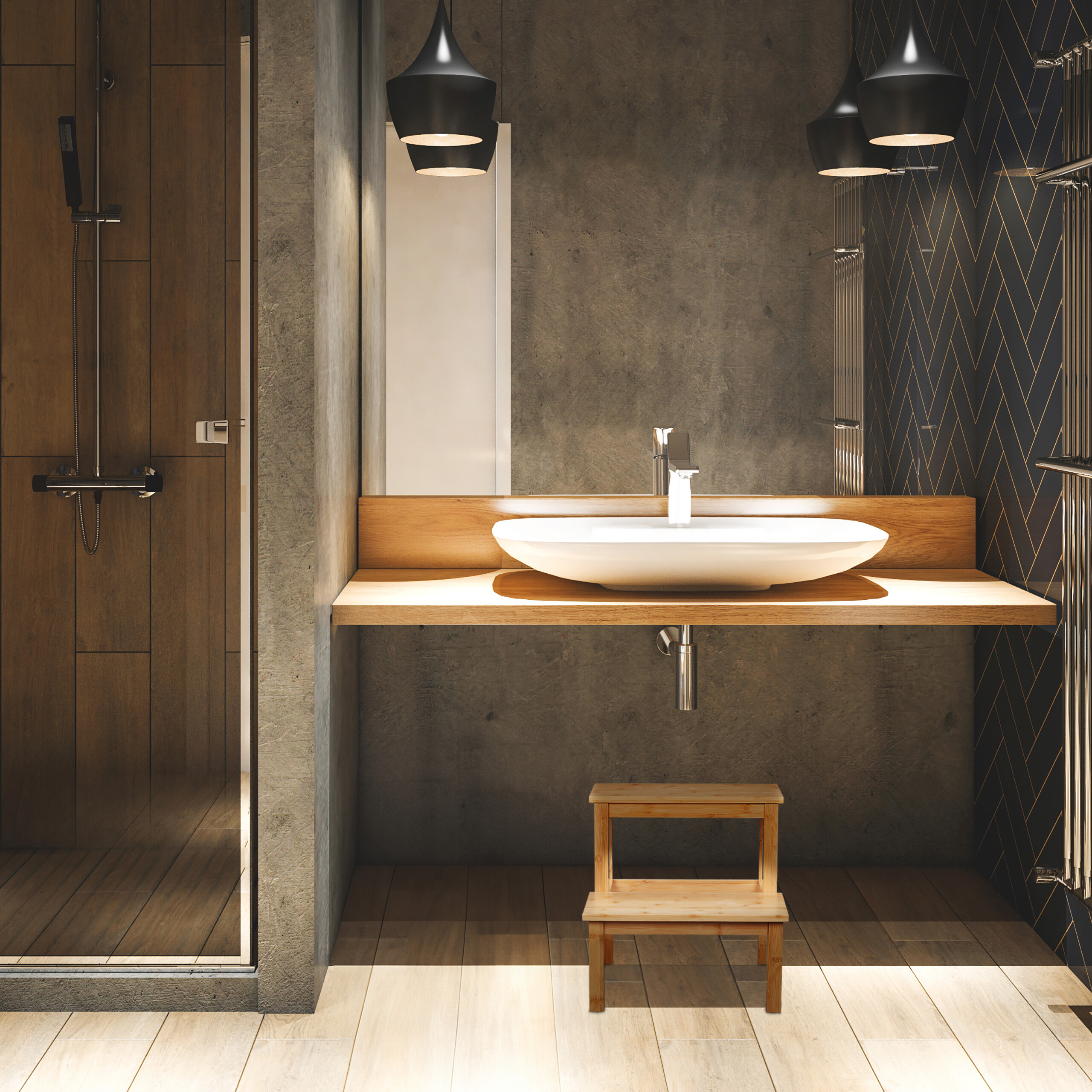 Modernes Badezimmer mit Waschtisch aus Holz, weißem Waschbecken, schwarzen Pendelleuchten und kleinem Tritthocker.