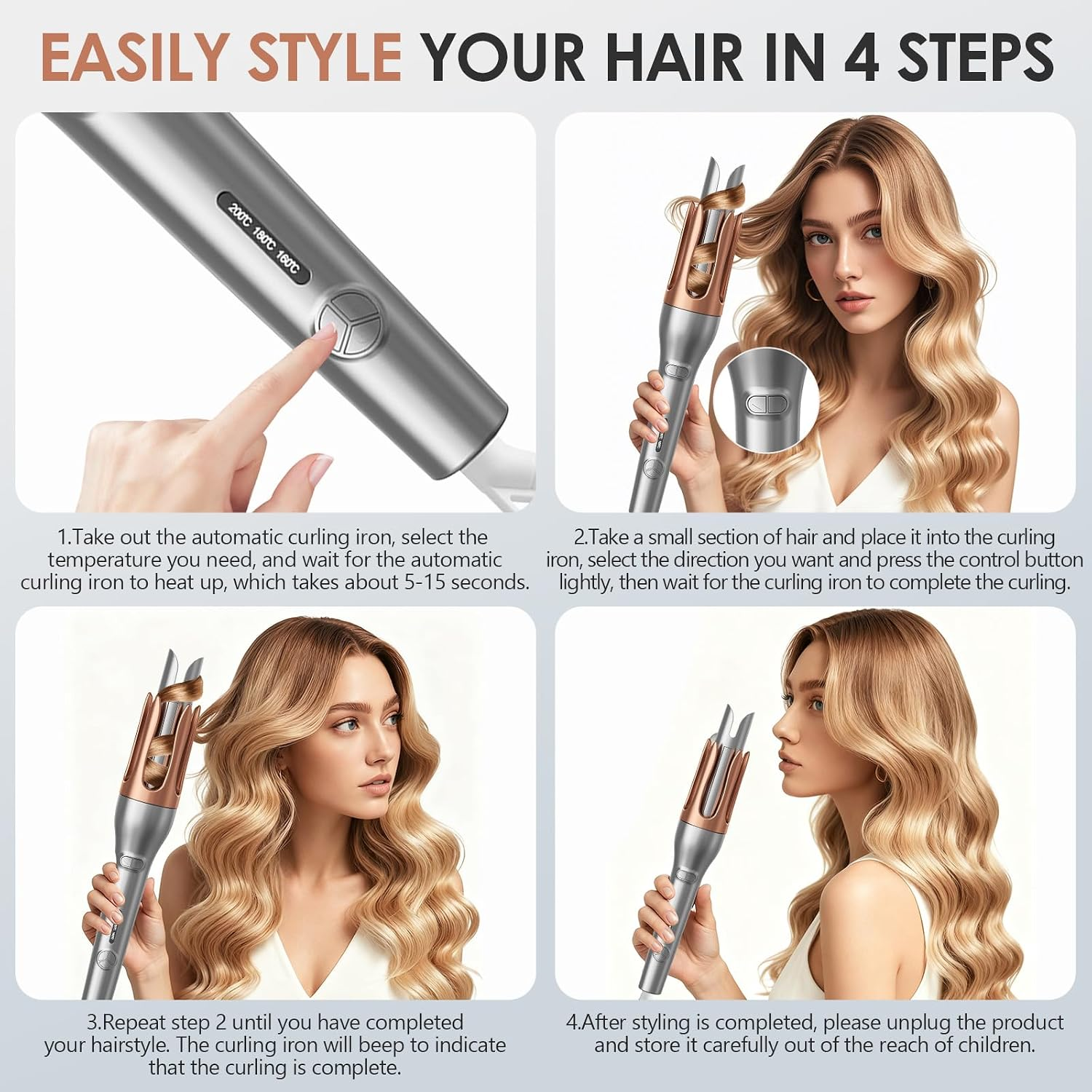Eine vierschrittige Anleitung zeigt, wie man mit einem automatischen Lockenstab blonde Haare stylt.