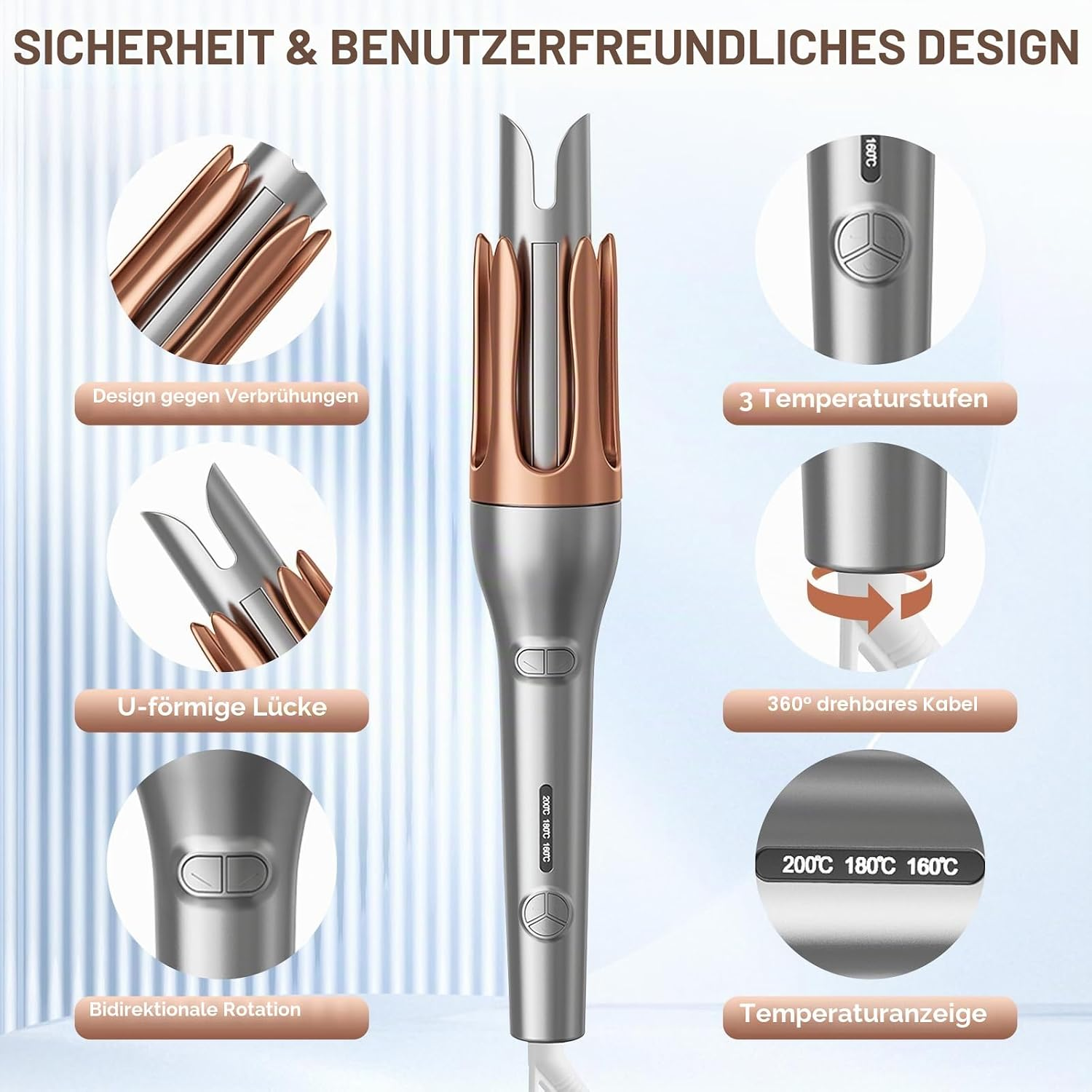 Ein automatischer Lockenstab in Silber und Roségold mit verschiedenen Feature-Nahaufnahmen.