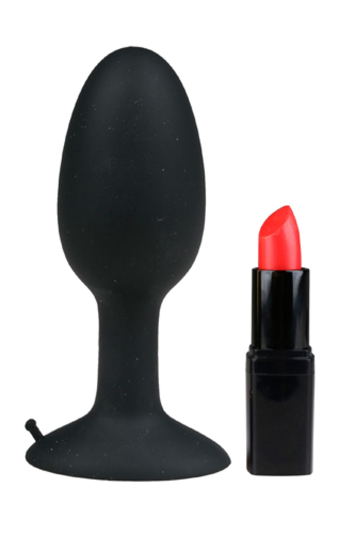 Ein schwarzer Silikon-Anaplug neben einem roten Lippenstift auf weißem Hintergrund.