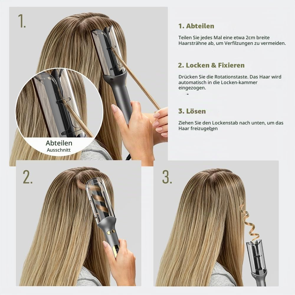 Anleitung in drei Schritten zeigt, wie man mit einem automatischen Lockenstab blonde Haare stylt.