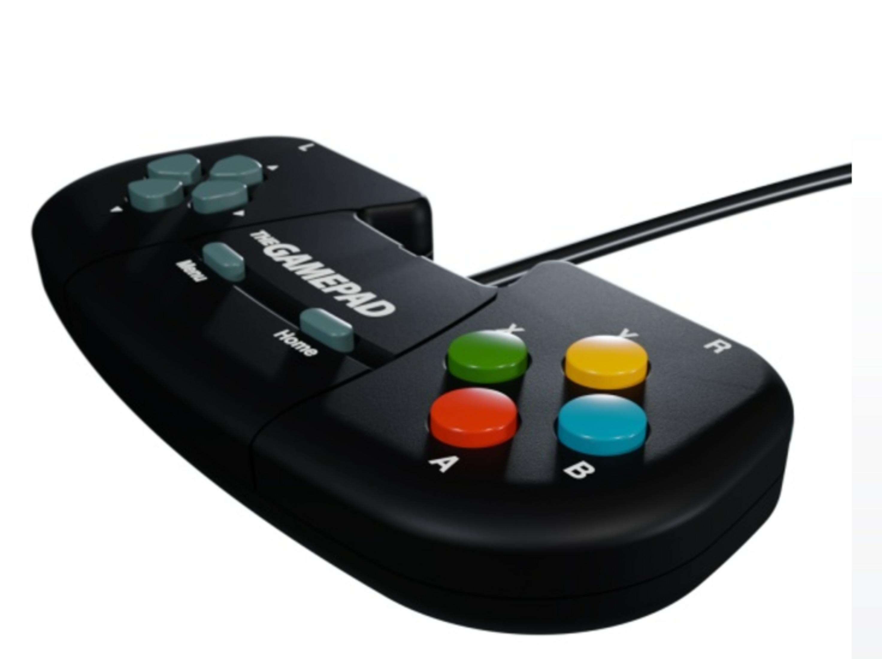 Czarny gamepad retro z kolorowymi przyciskami i podłączonym kablem na białym tle.