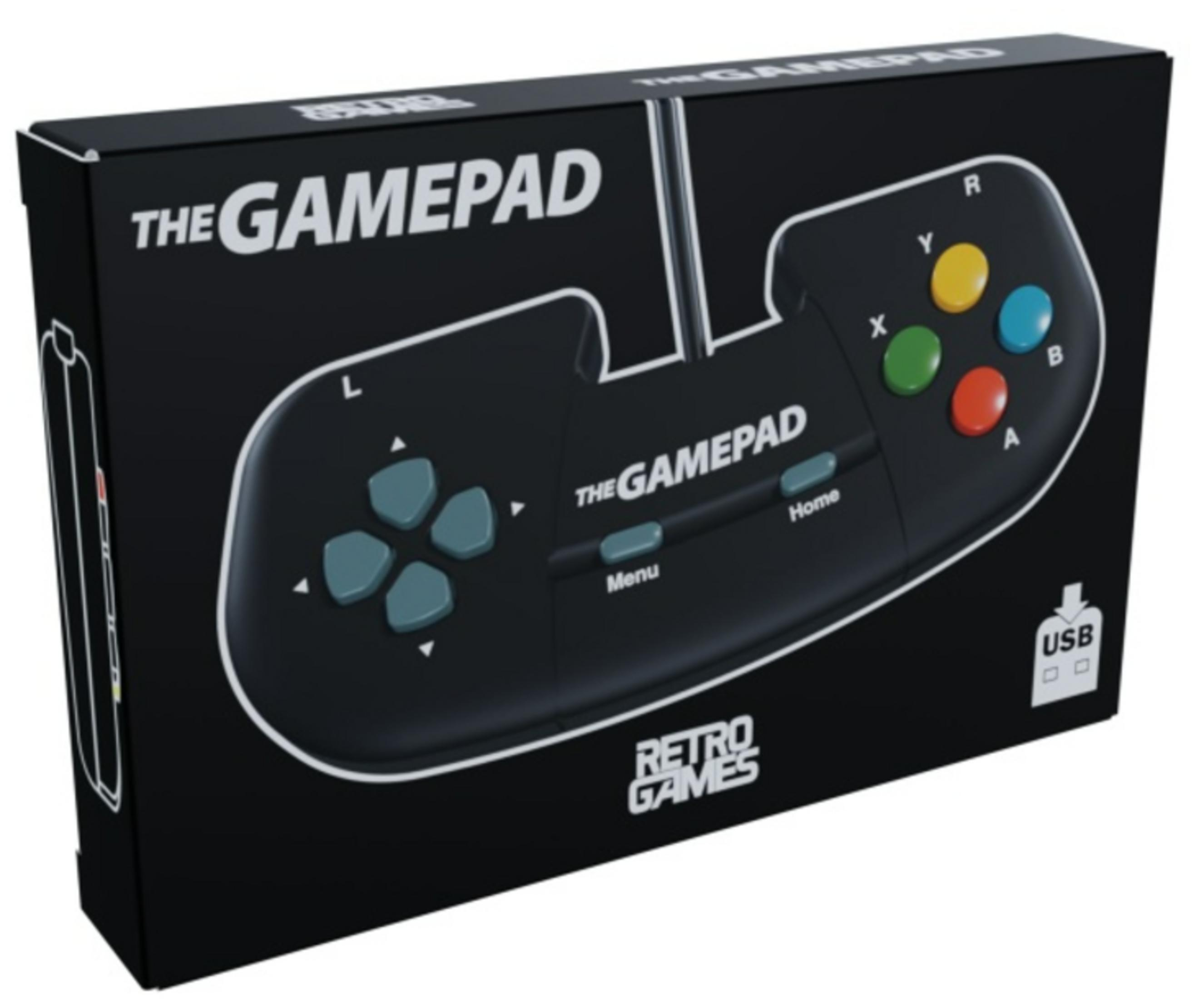 Czarne pudełko na THE GAMEPAD z białym tekstem i grafiką kontrolera.