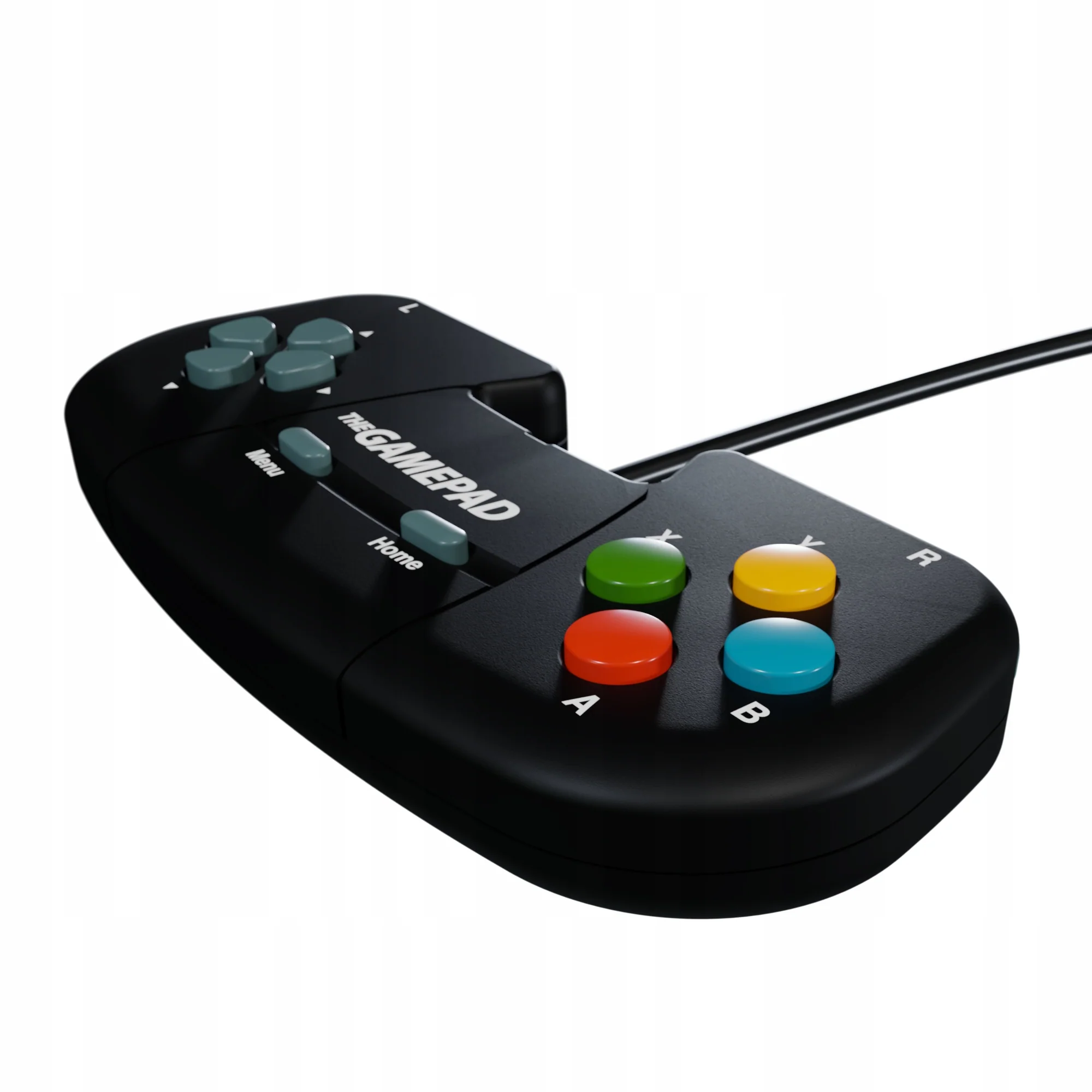 Czarny przewódowy gamepad z kolorowymi przyciskami akcji, padem kierunkowym oraz przyciskami Menu.