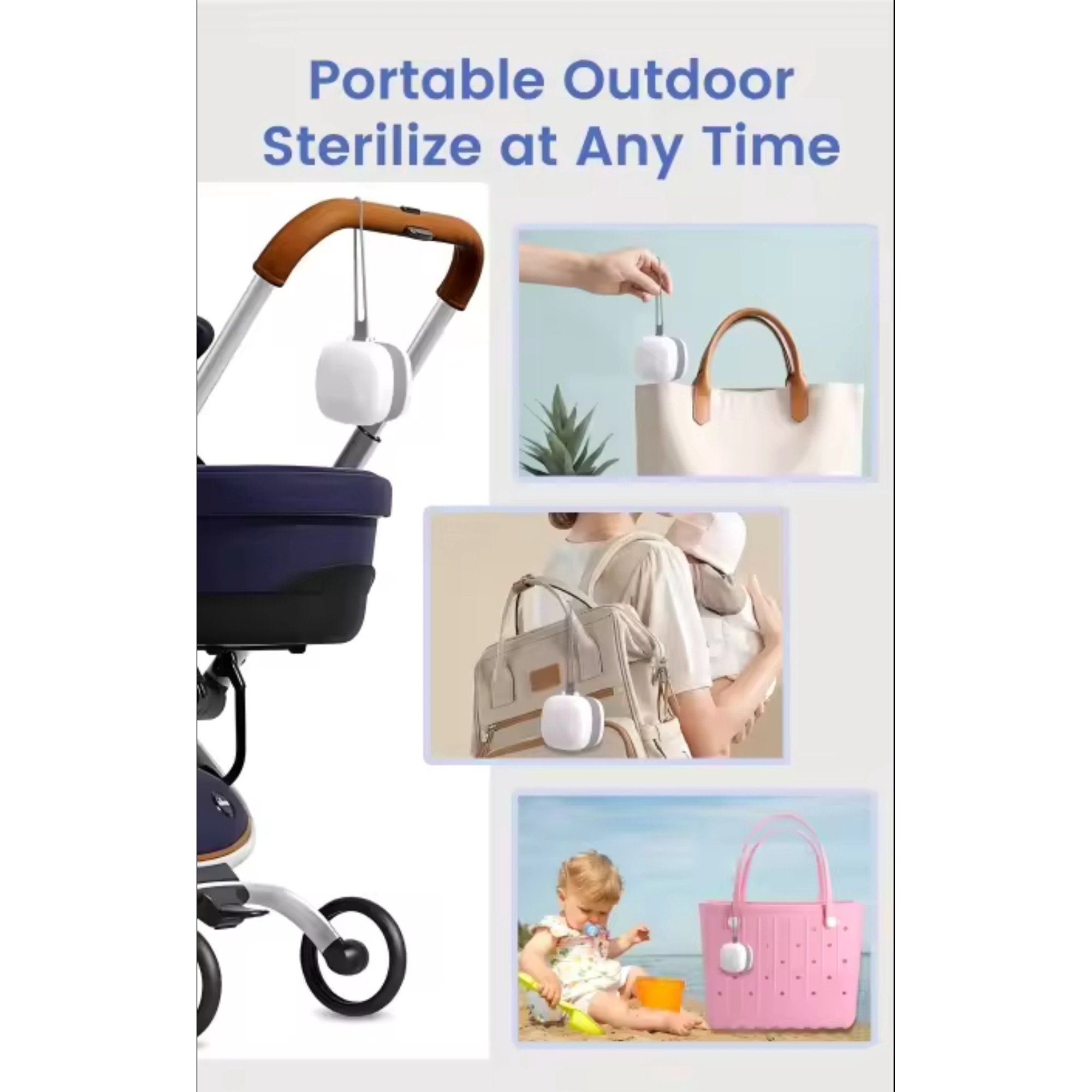Ein kleiner weißer Sterilisator an Kinderwagen, Handtasche und Strandtasche mit spielendem Kind.