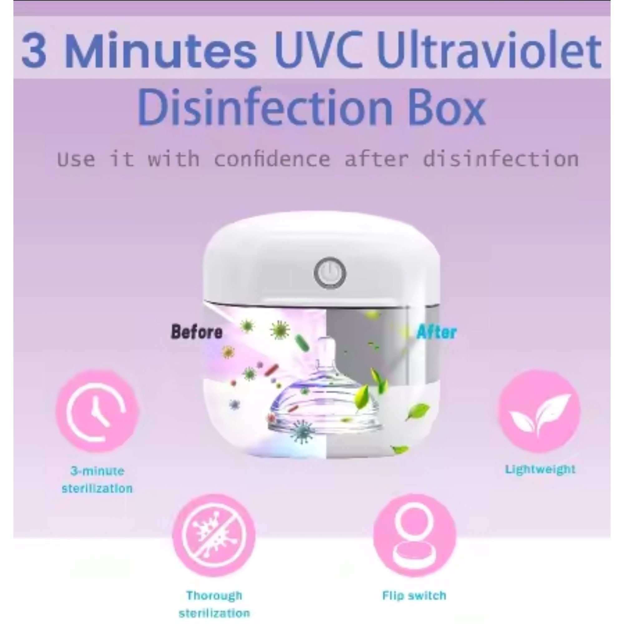 Eine weiße UVC-Desinfektionsbox zeigt Vorher- und Nachher-Sterilisation einer Babyflasche.