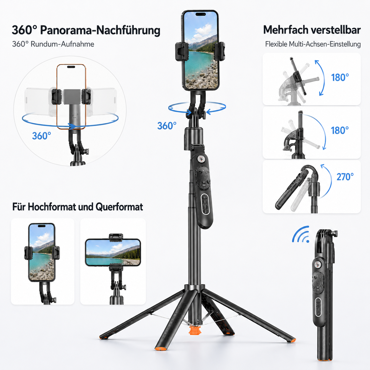 Verstellbares Smartphone-Stativ mit Fernbedienung, 360-Grad-Rotation und verschiedenen Winkeln.