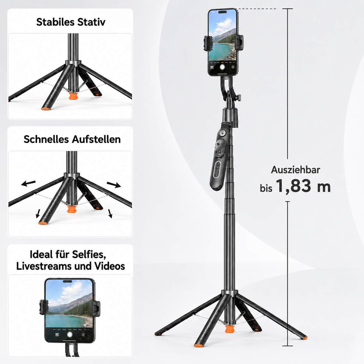 Ein ausziehbares Stativ mit Smartphone, Fernbedienung und Detailansichten zur Stabilität.