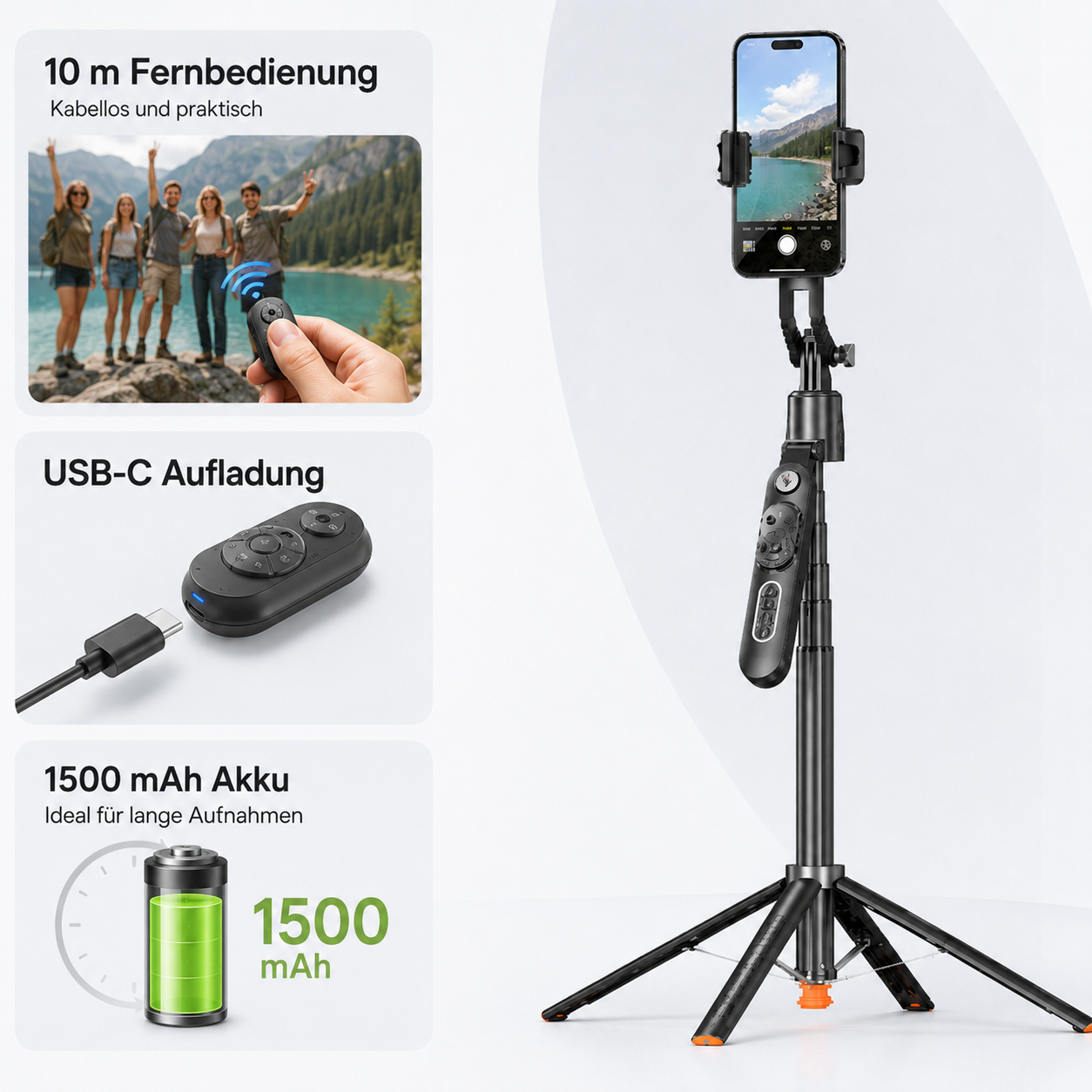 Ein schwarzes Selfie-Stick-Stativ mit Handy, Fernbedienung, USB-C und 1500 mAh Akku.