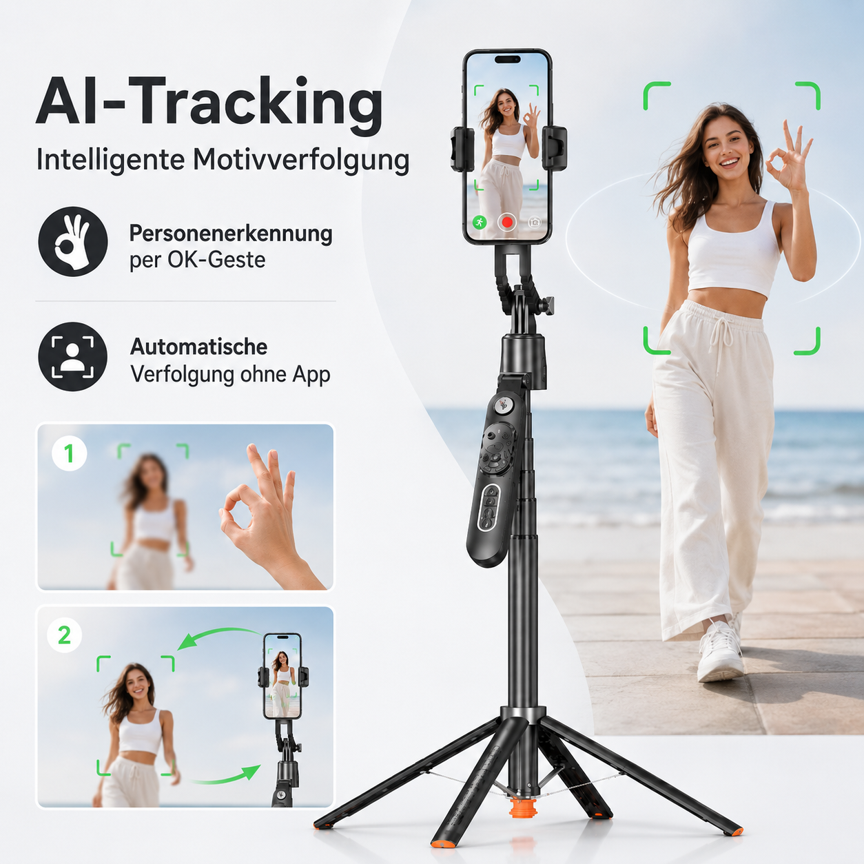 Ein Smartphone-Stativ mit KI-Tracking verfolgt eine Frau am Strand, die eine OK-Geste zeigt.