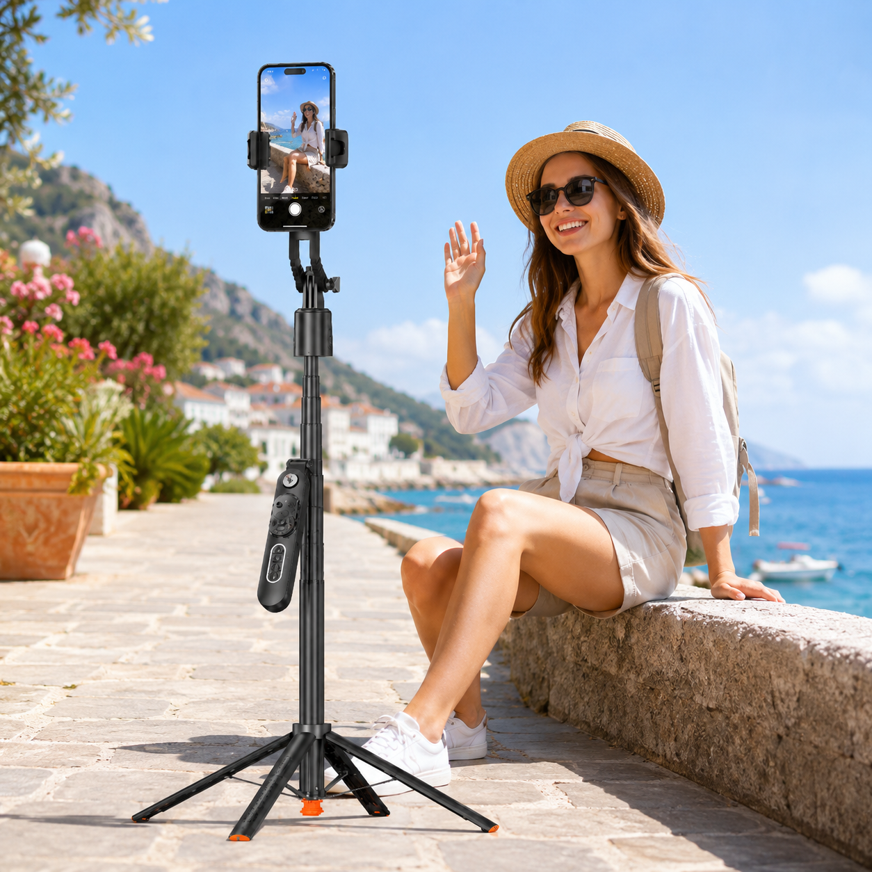 Eine Frau in Sonnenbrille und Hut sitzt an der Kueste und winkt in ein Smartphone auf einem Stativ.