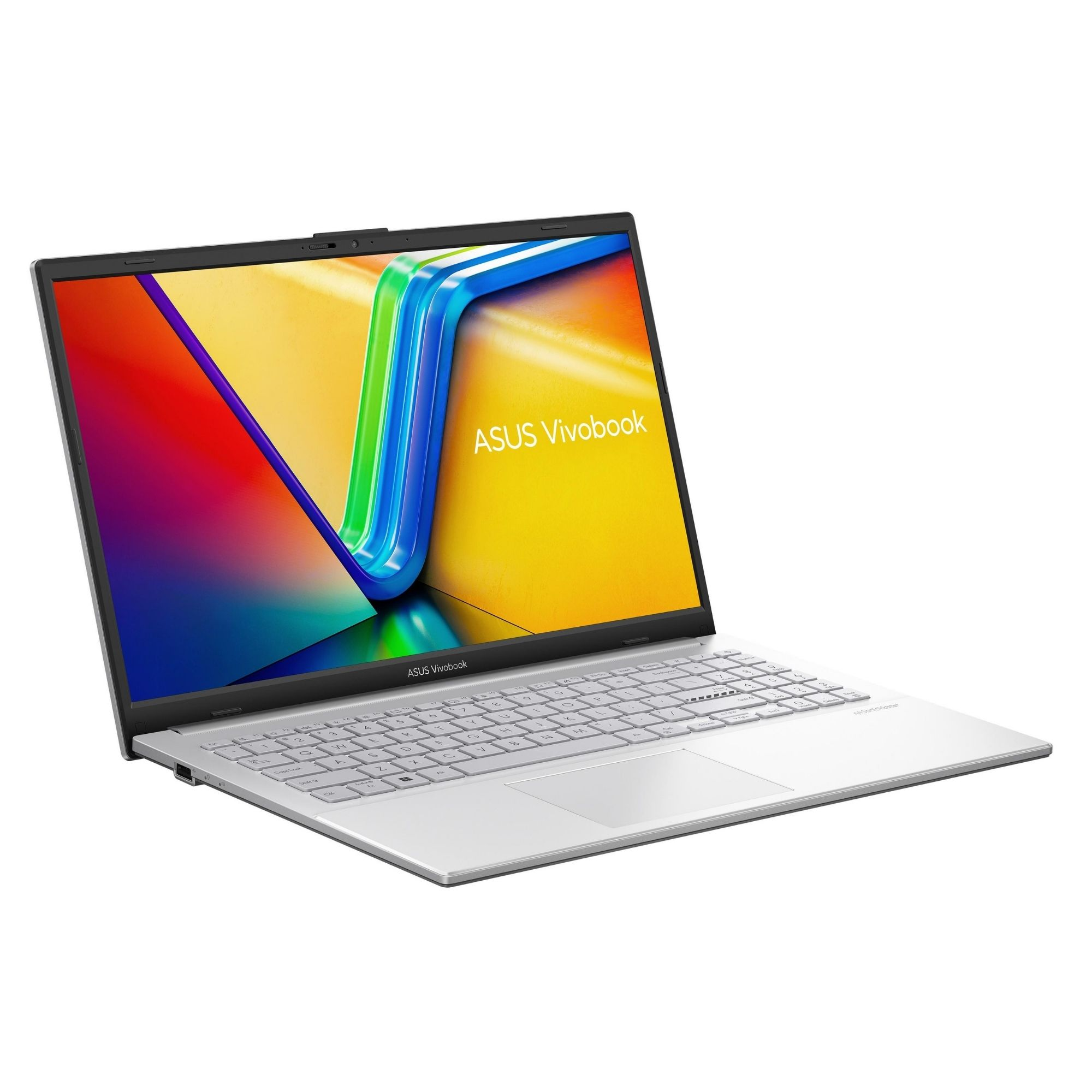 Beyaz arkaplanda renkli ekranlı gümüş renkli bir ASUS Vivobook dizüstü bilgisayar.