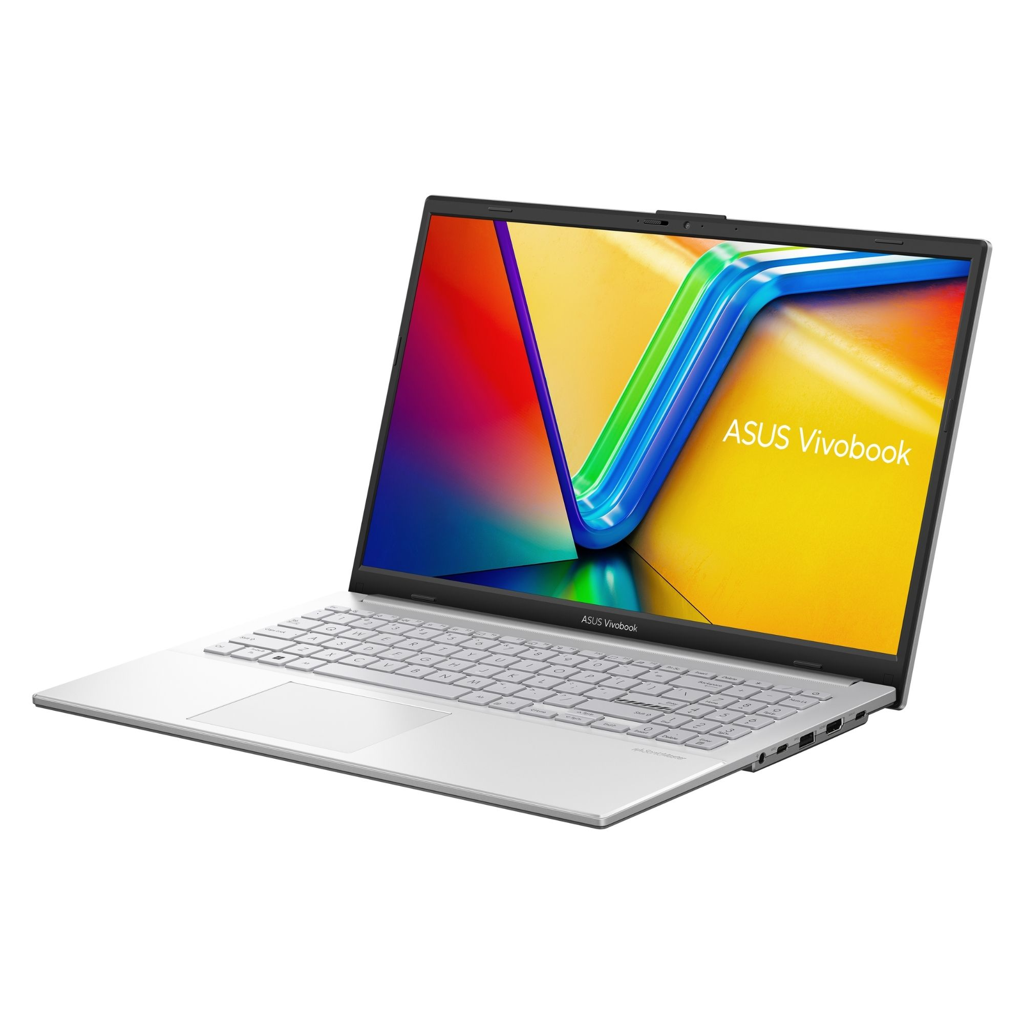 Beyaz klavyeli ve renkli ekranlı gümüş renkli bir ASUS Vivobook dizüstü bilgisayar.