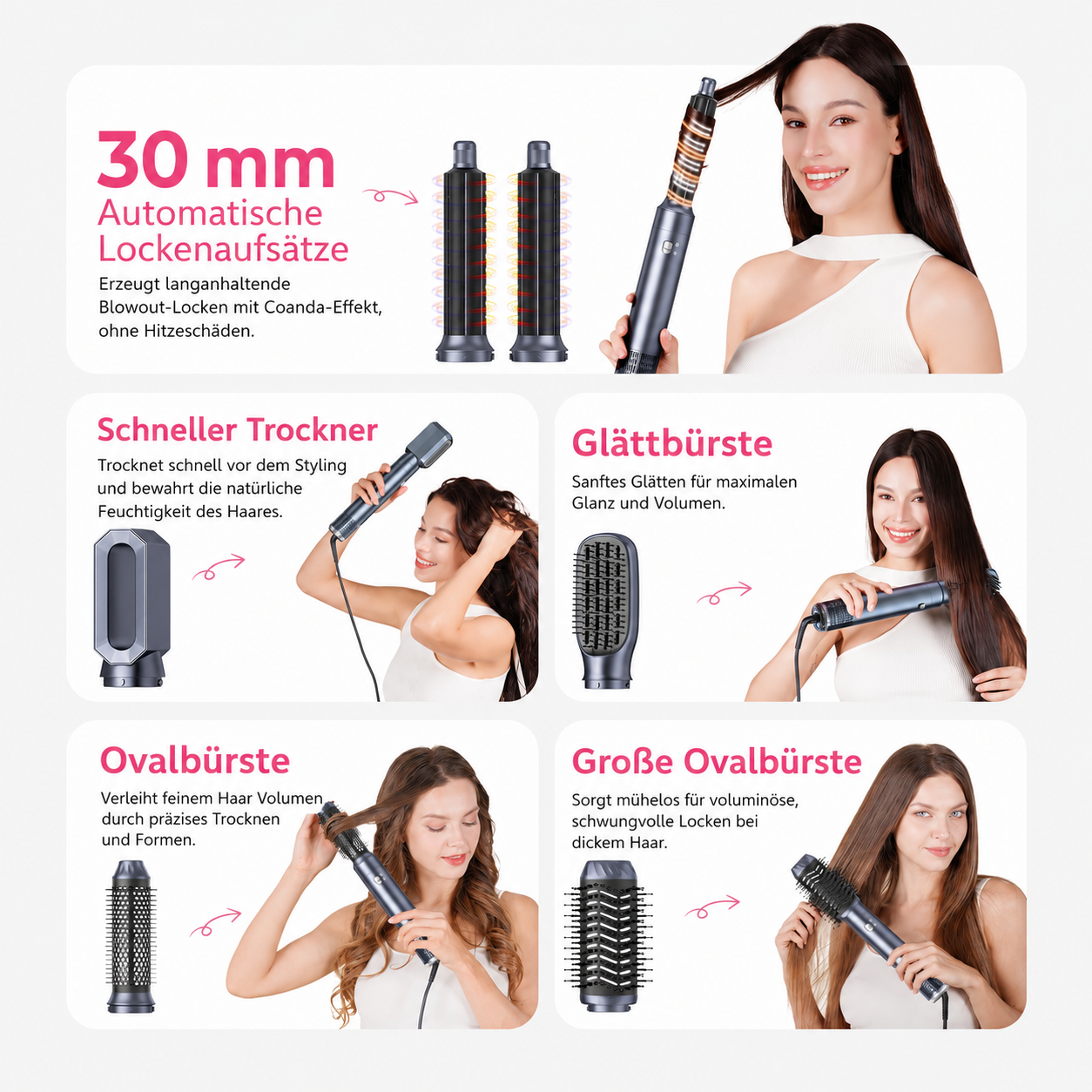 Produktwerbung für Haartrockner mit verschiedenen Aufsätzen und anwendenden Frauen.