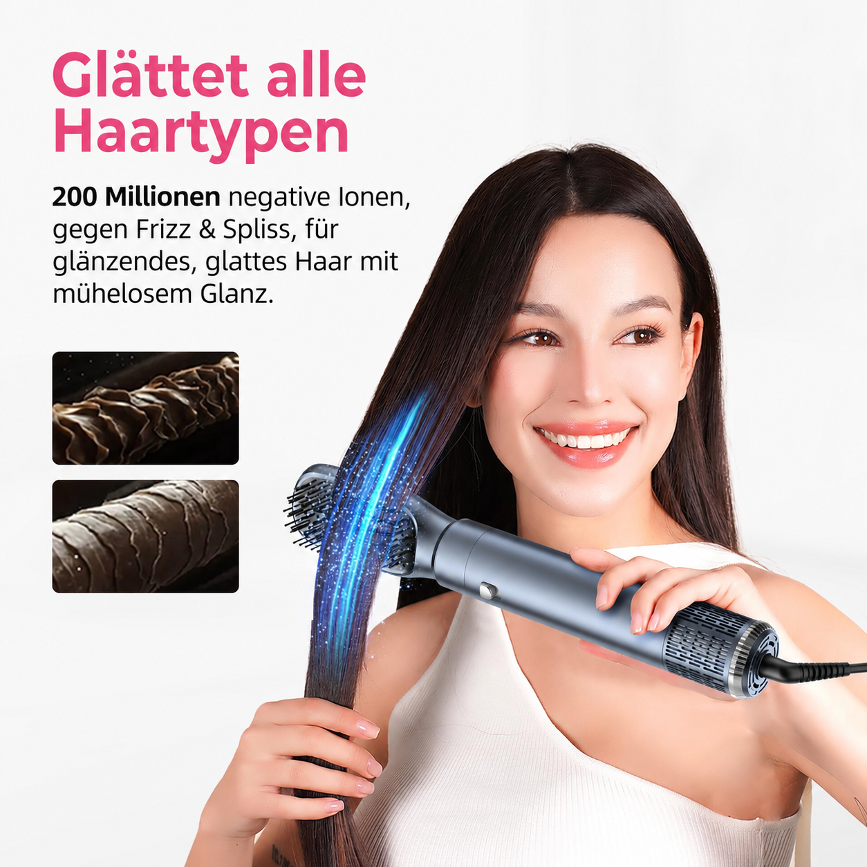 Frau lächelt und glättet ihr langes dunkles Haar mit einer grauen Warmluftbürste.