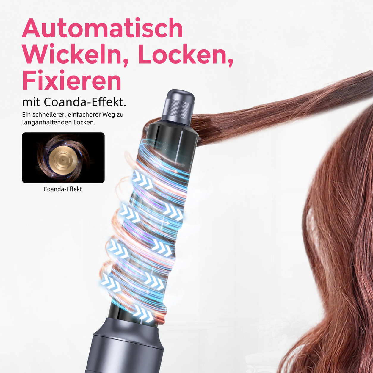 Ein Haarstyler wickelt braunes Haar automatisch mit dem Coanda-Effekt zu Locken.