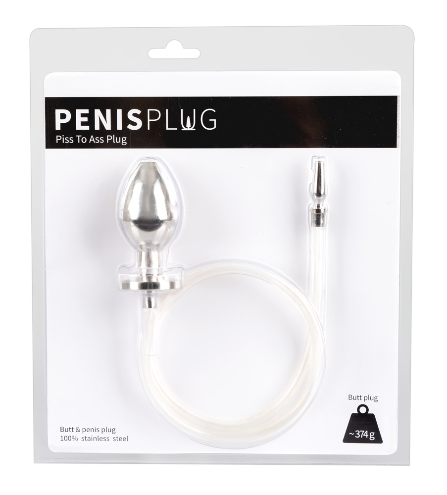 Verpackter Edelstahl-Piss- und Analdildo mit Verbindungsschlauch.