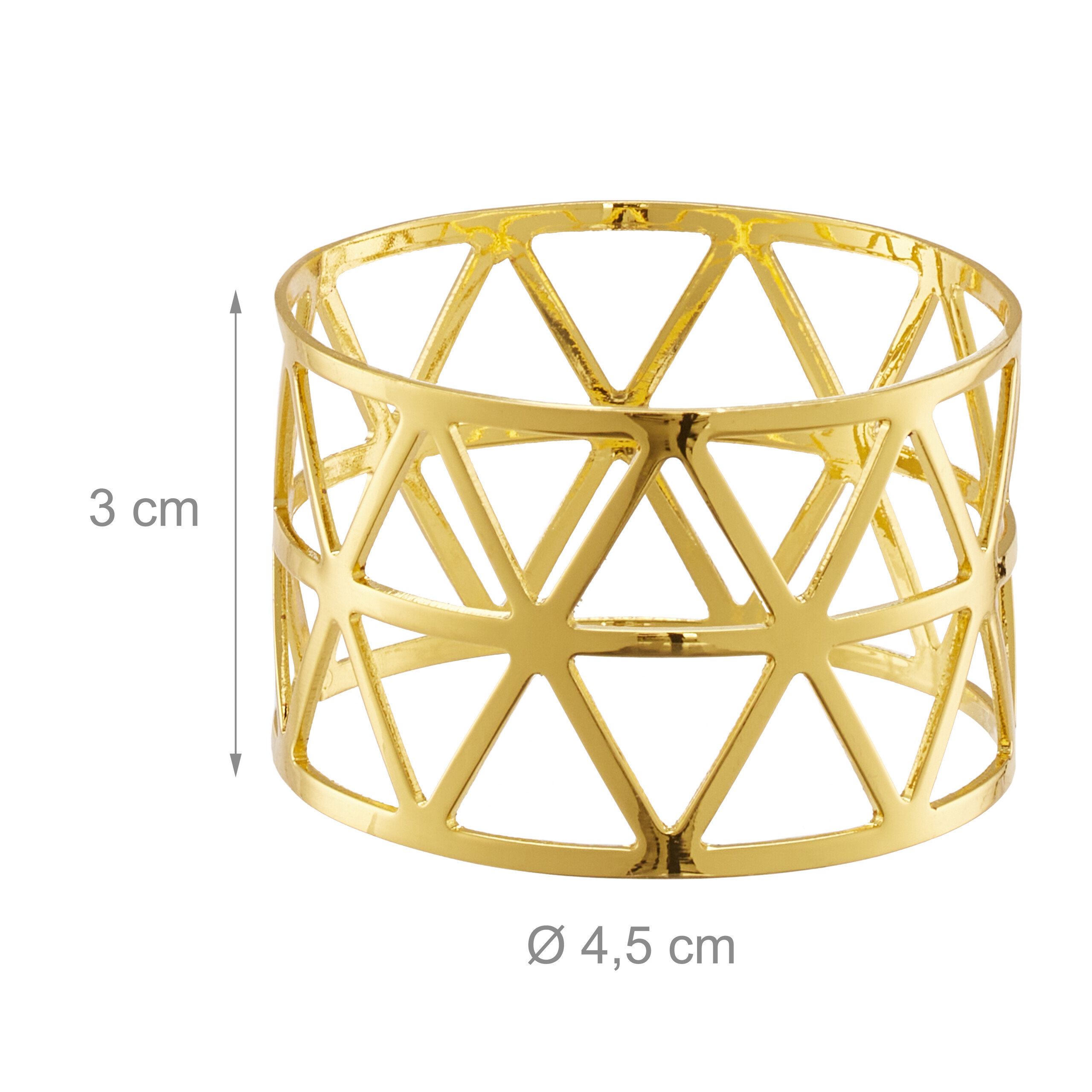 Ein glänzender goldener Serviettenring mit geometrischem Dreiecksmuster, 3 cm hoch und 4,5 cm Durchmesser, auf weißem Hintergrund.
