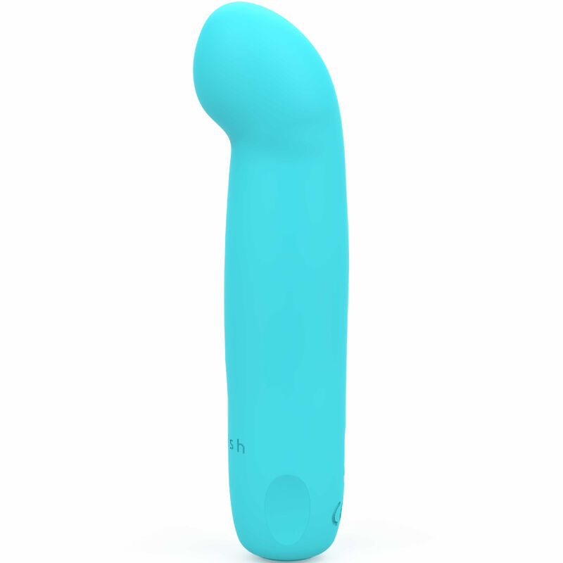 Ein glattes, hellblaues Massagegerät mit geschwungener Form auf weißem Hintergrund.
