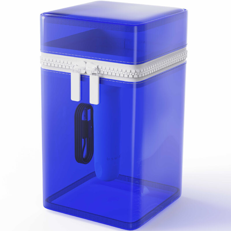 Eine transparente blaue Aufbewahrungsbox mit weißem Reißverschluss und einem schwarzen Spiralkabel im Inneren.