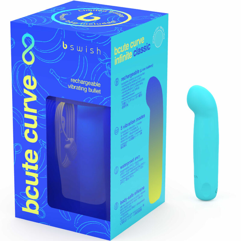 Blaue Produktbox mit der Aufschrift bcute curve und ein blauer, geschwungener Vibrator daneben.