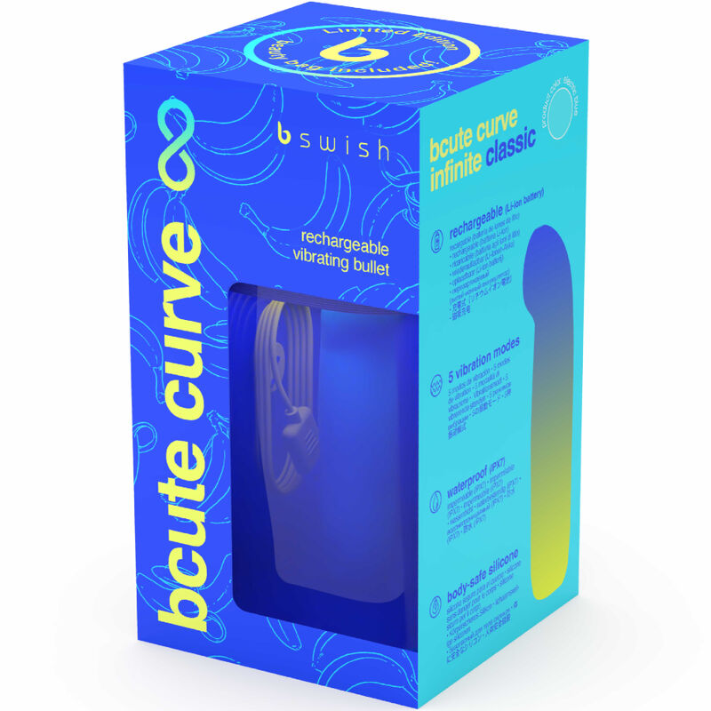Blaue Verpackung des bswish bcute curve vibrierenden Geschosses mit gelben Aufschriften und Bananenmuster.