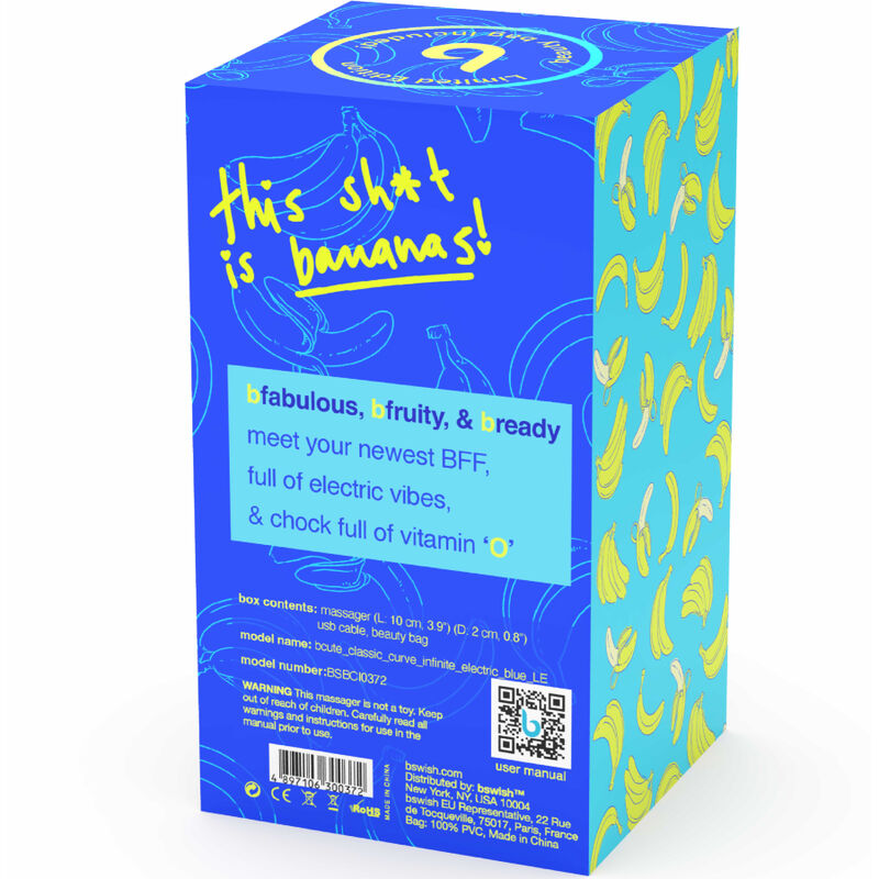 Blaue Produktverpackung mit gelbem Bananenmuster und Text.
