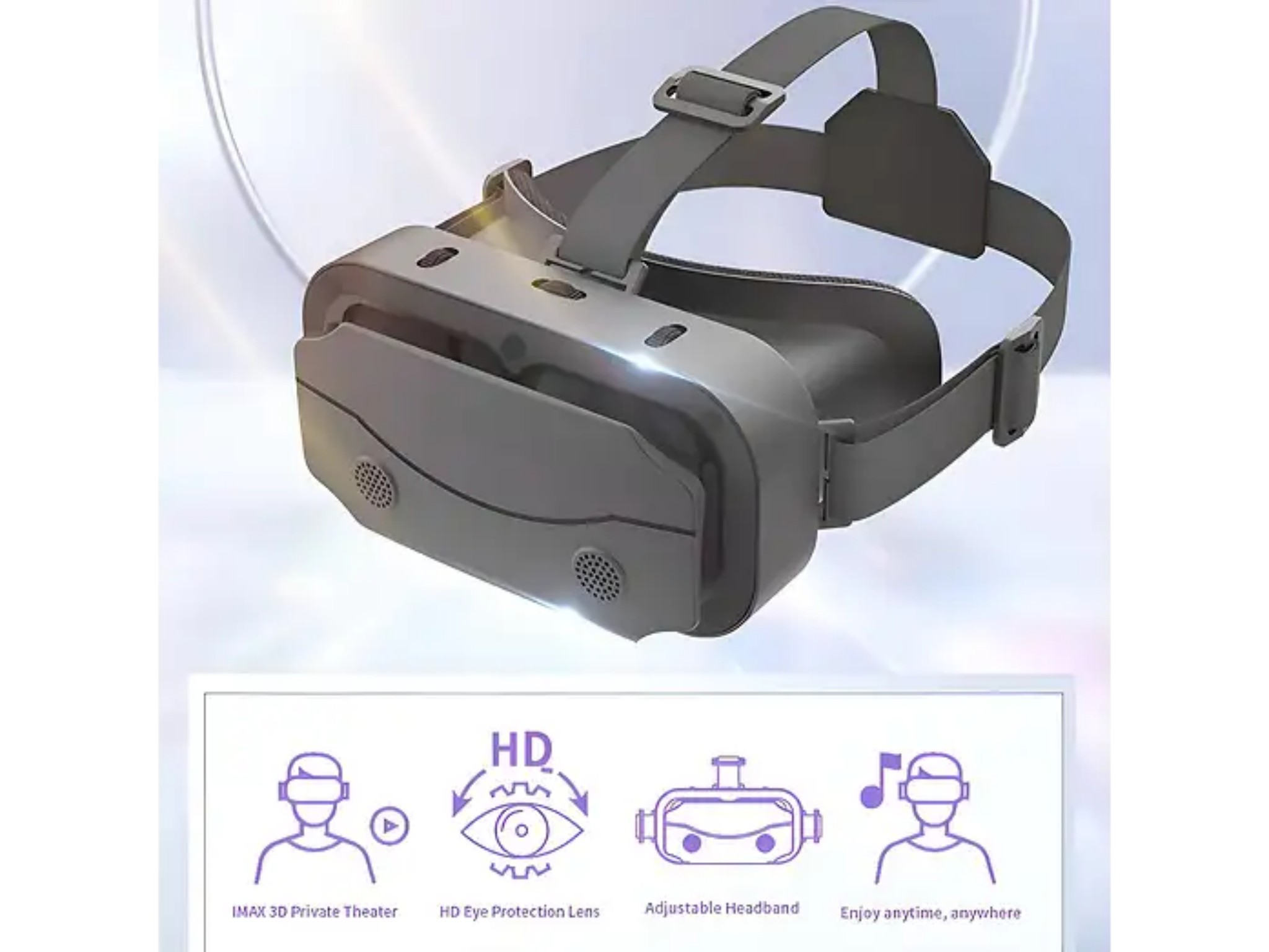 Graues VR-Headset mit verstellbarem Kopfband und Icons für IMAX, HD-Linse und Audiofunktionen.