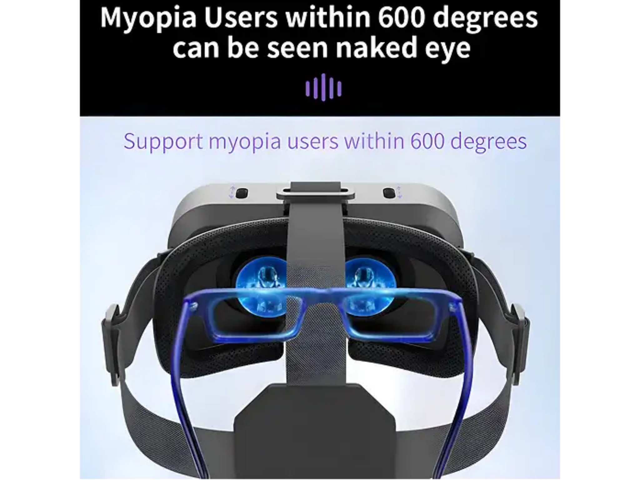 VR-Headset mit blauer Brille vorne, beschriftet für Kurzsichtigkeit.