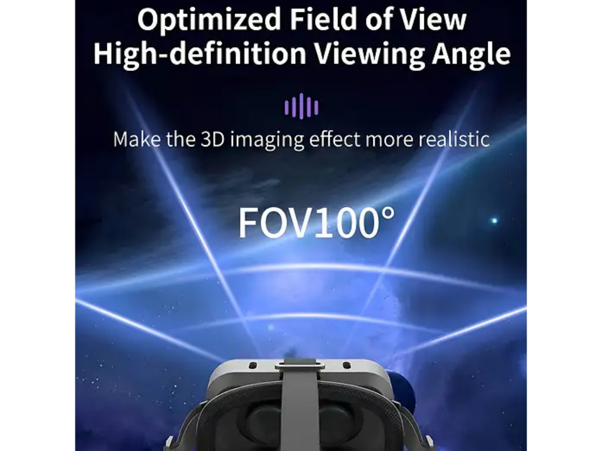 VR-Headset mit 100-Grad-Sichtfeld und Texten über realistische 3D-Effekte vor blauem Hintergrund.