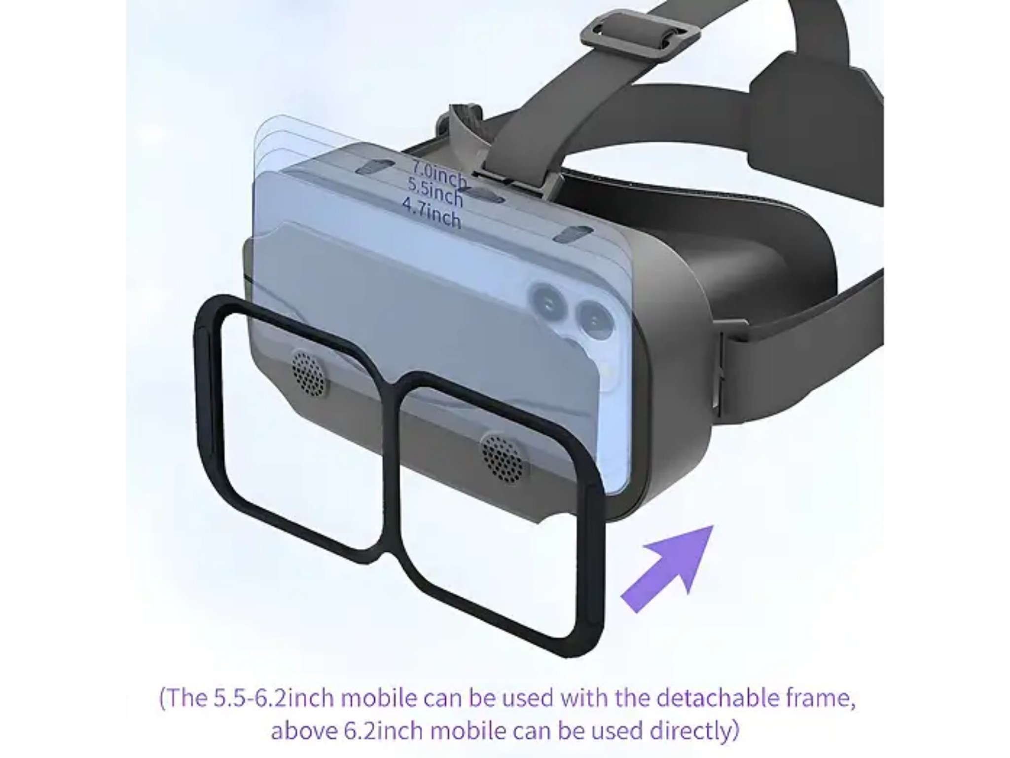 VR-Headset mit abnehmbarem Rahmen für verschiedene Smartphone-Größen.