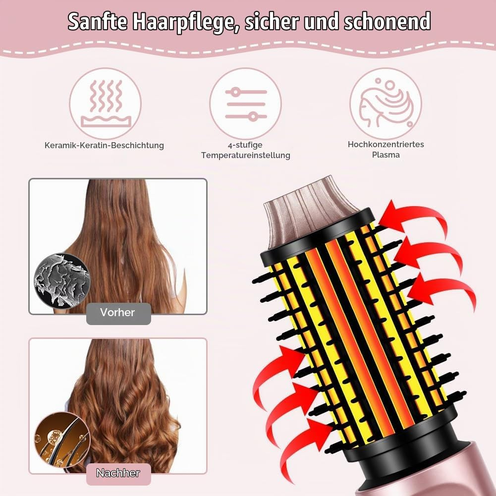 Werbebild für eine Haarbürste mit Funktionen wie Keramikbeschichtung, Temperaturregelung und Plasmapflege.