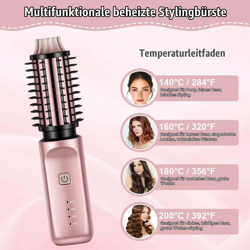 Rosa beheizte Stylingbürste mit Temperaturleitfaden für verschiedene Haartypen.