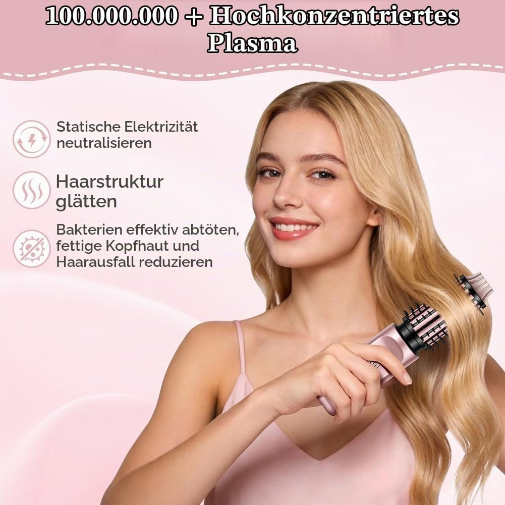 Eine blonde Frau lächelt und hält eine rosafarbene Warmluftbürste im Haar, mit Infotexten zu Plasmafunktionen.