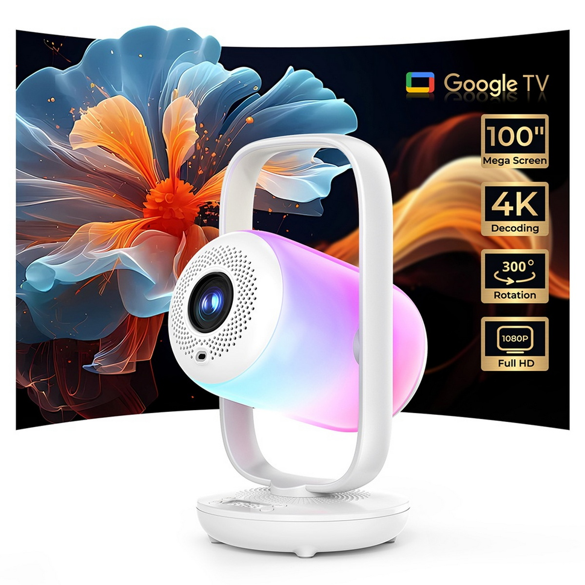 Tragbarer weißer Projektor mit RGB-Beleuchtung auf einem Ständer vor einer Leinwand mit bunter Blüte und Google-TV-Logo.